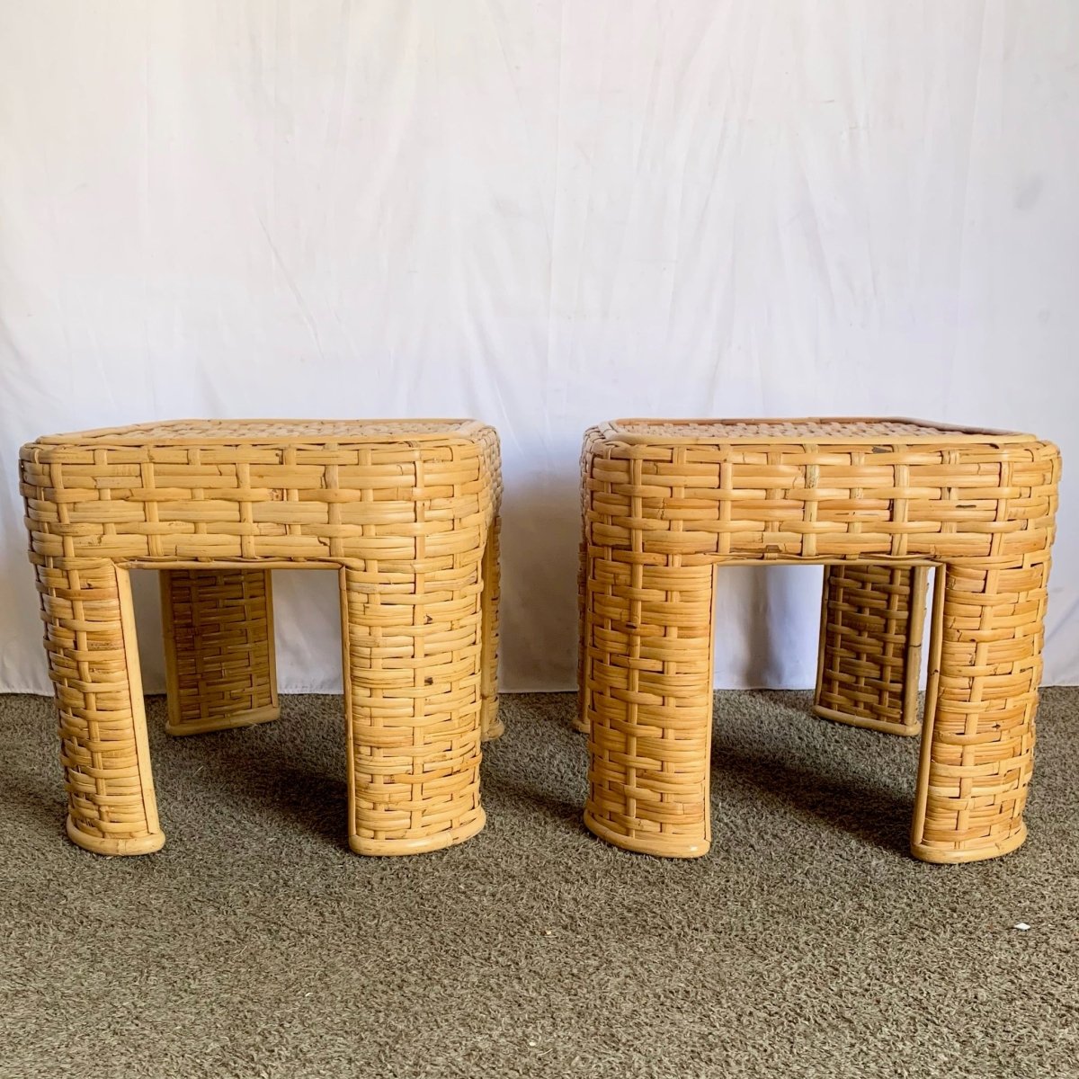Boho Chic Woven Bamboo Rattan Side Tables - A Pair - Dolphin & Flamingo
