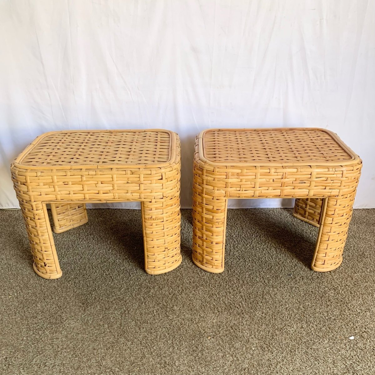 Boho Chic Woven Bamboo Rattan Side Tables - A Pair - Dolphin & Flamingo