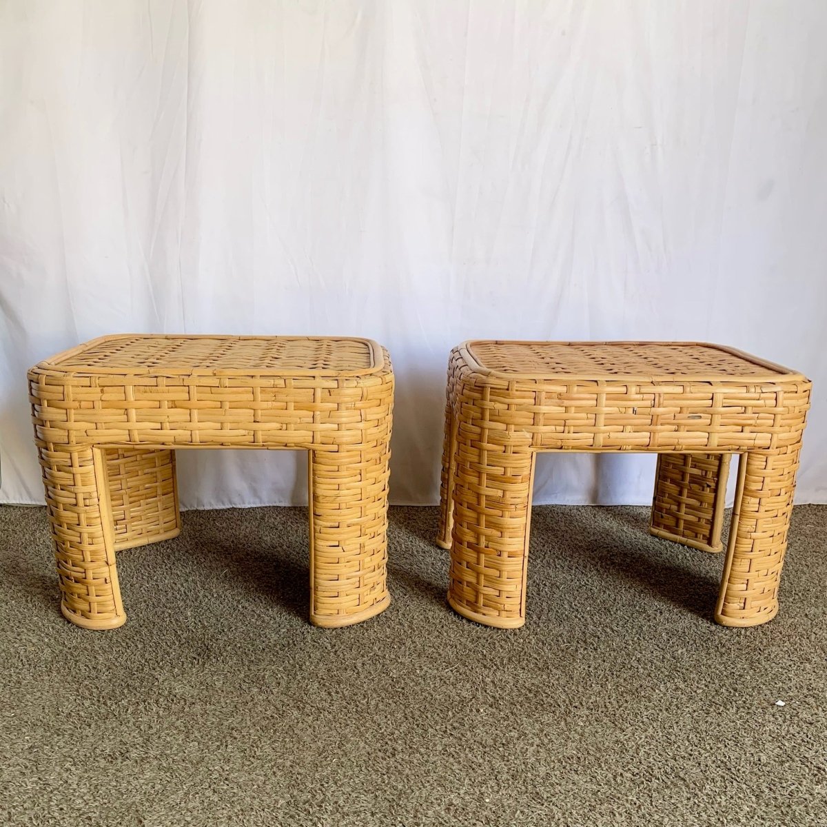 Boho Chic Woven Bamboo Rattan Side Tables - A Pair - Dolphin & Flamingo