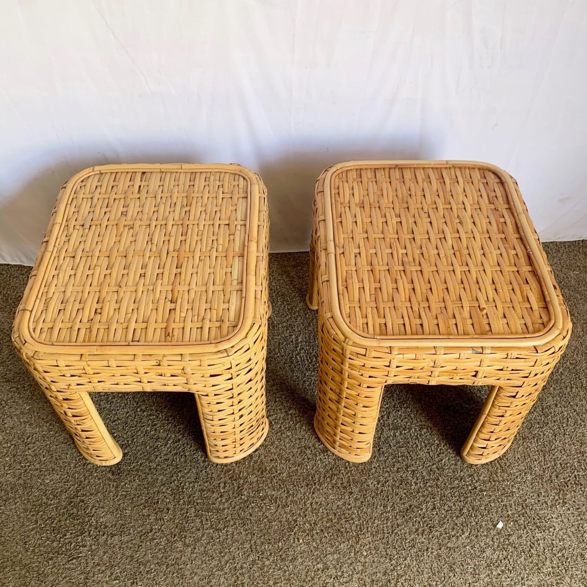 Boho Chic Woven Bamboo Rattan Side Tables - A Pair - Dolphin & Flamingo