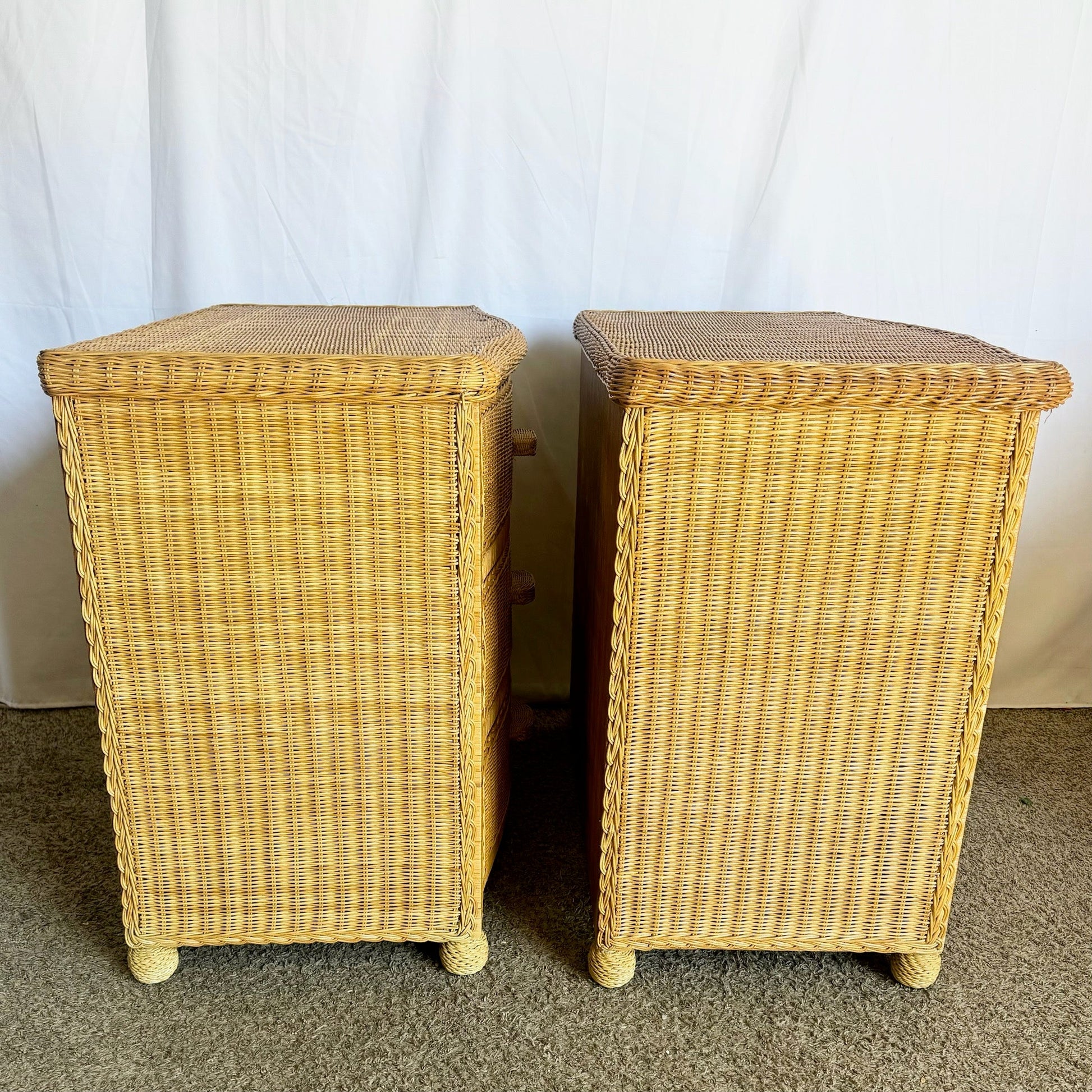 Boho Chic Woven Wicker Commodes/Chests of Drawers - A Pair - Dolphin & Flamingo