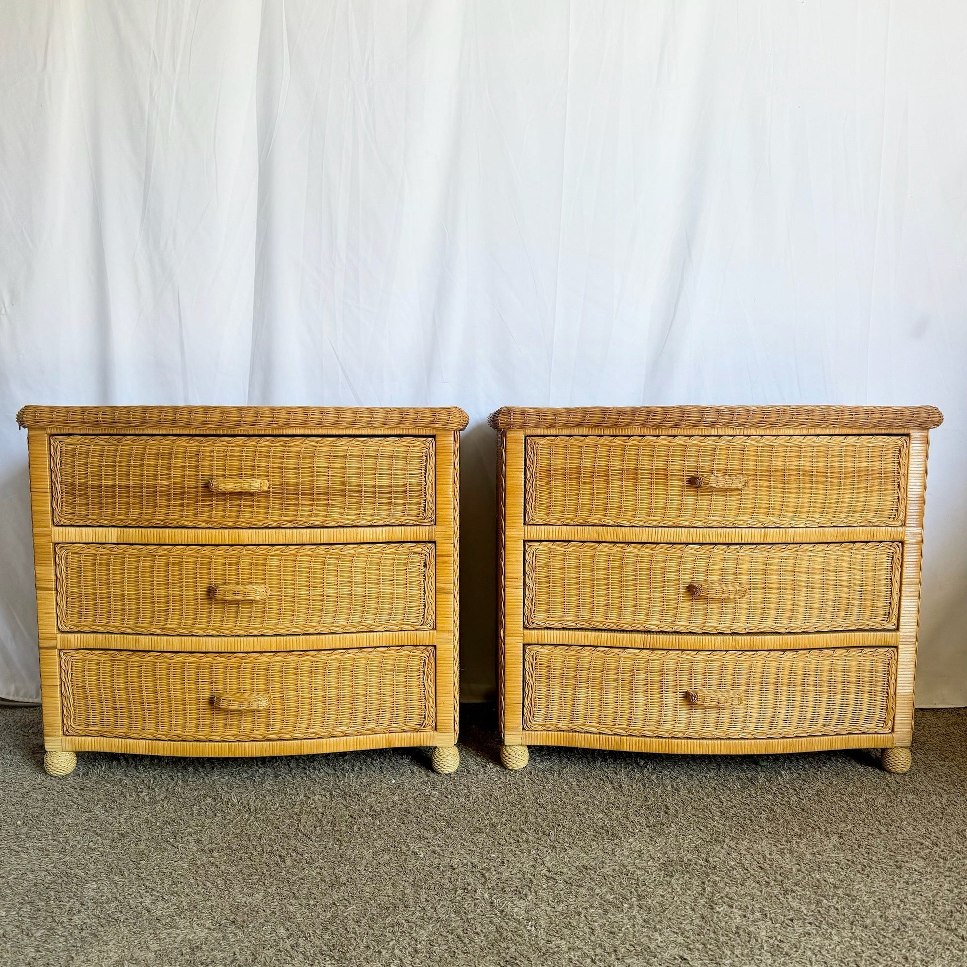 Boho Chic Woven Wicker Commodes/Chests of Drawers - A Pair - Dolphin & Flamingo