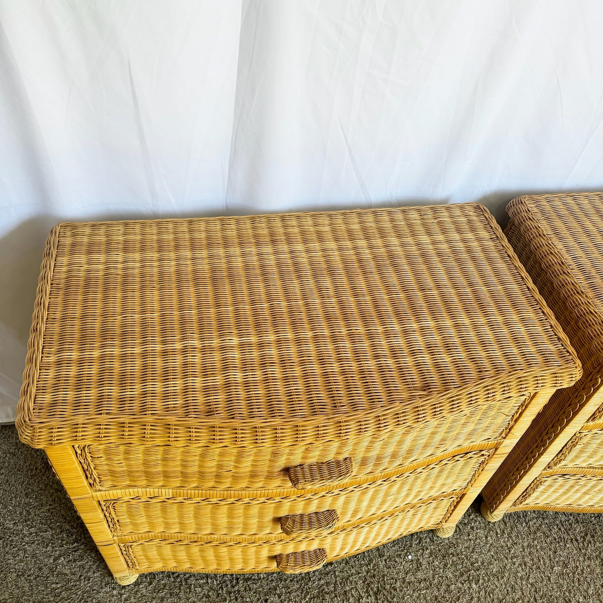 Boho Chic Woven Wicker Commodes/Chests of Drawers - A Pair - Dolphin & Flamingo