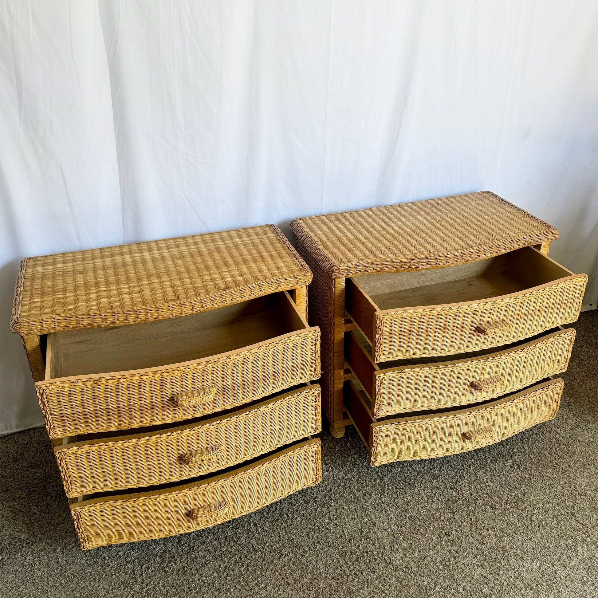 Boho Chic Woven Wicker Commodes/Chests of Drawers - A Pair - Dolphin & Flamingo