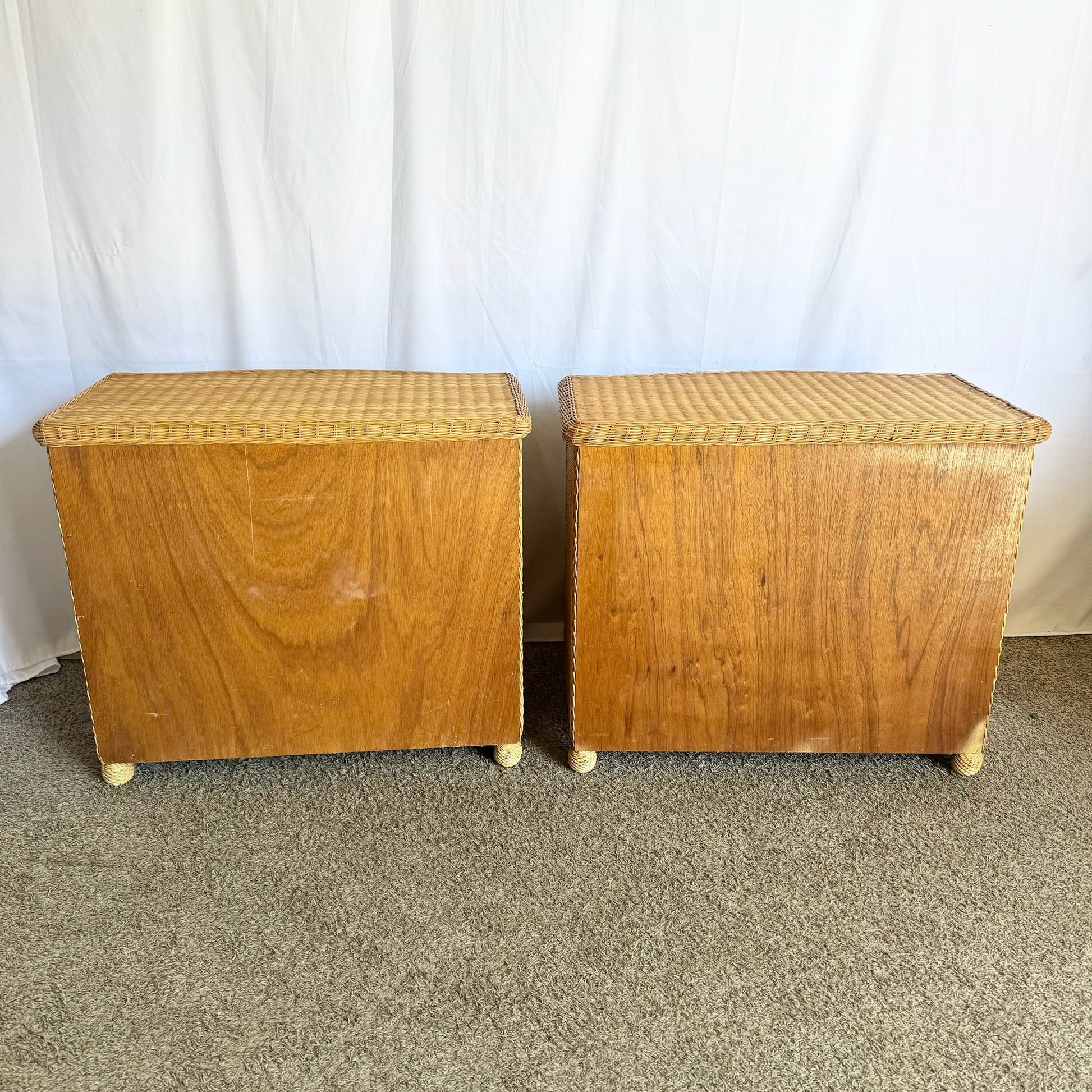 Boho Chic Woven Wicker Commodes/Chests of Drawers - A Pair - Dolphin & Flamingo