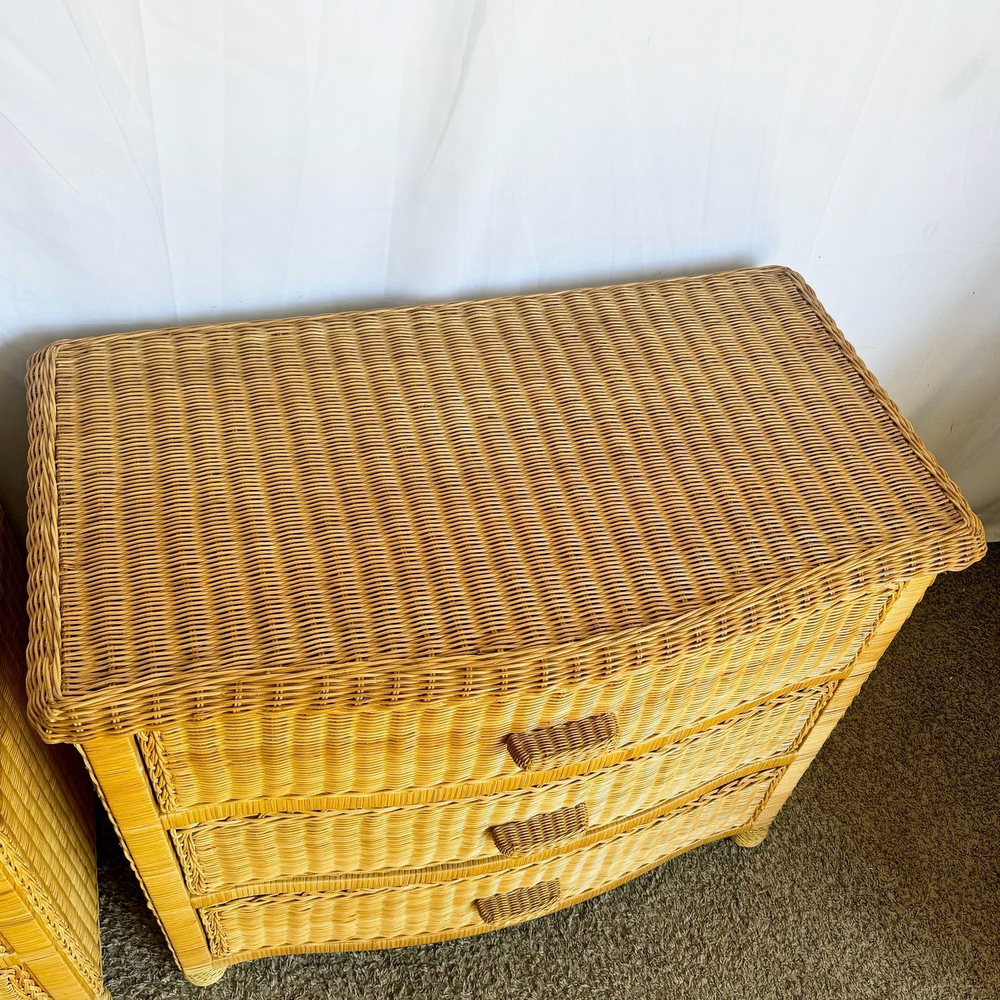 Boho Chic Woven Wicker Commodes/Chests of Drawers - A Pair - Dolphin & Flamingo