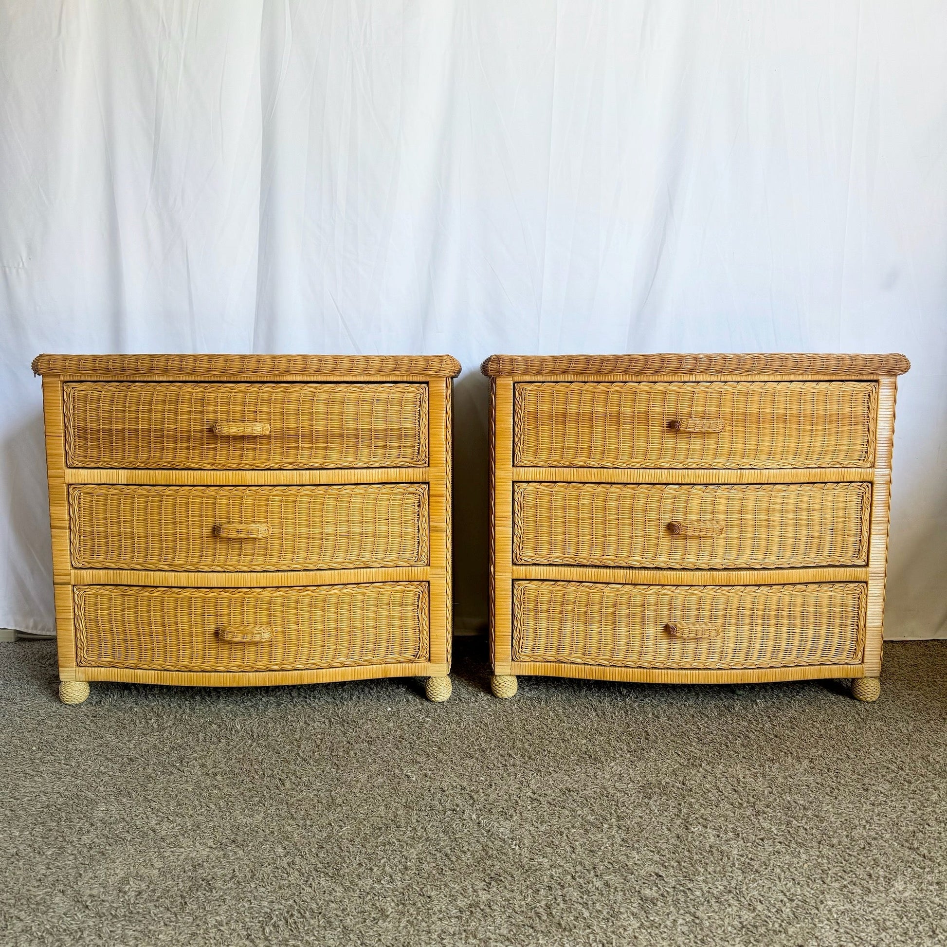Boho Chic Woven Wicker Commodes/Chests of Drawers - A Pair - Dolphin & Flamingo