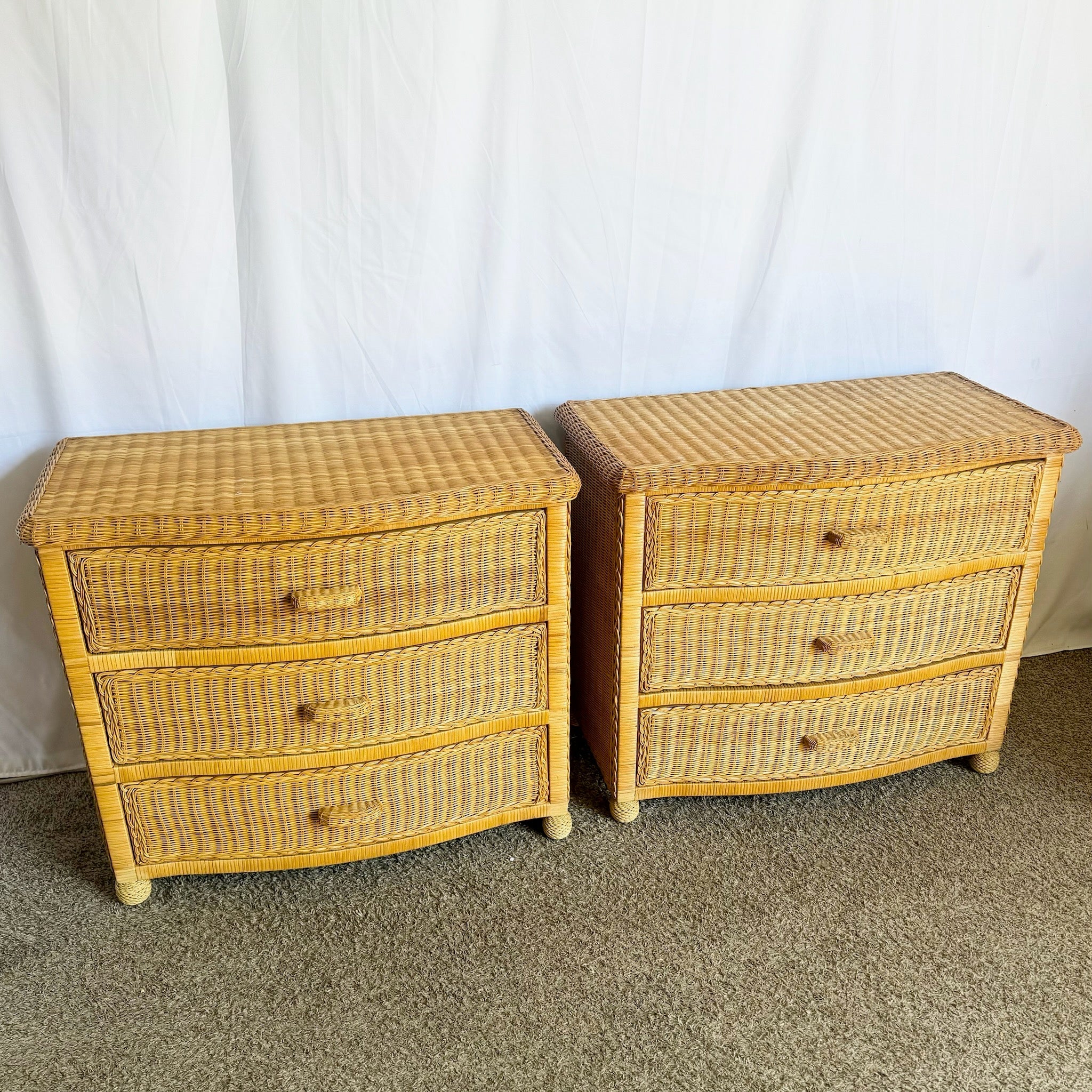 Boho Chic Woven Wicker Commodes/Chests of Drawers - A Pair - Dolphin & Flamingo