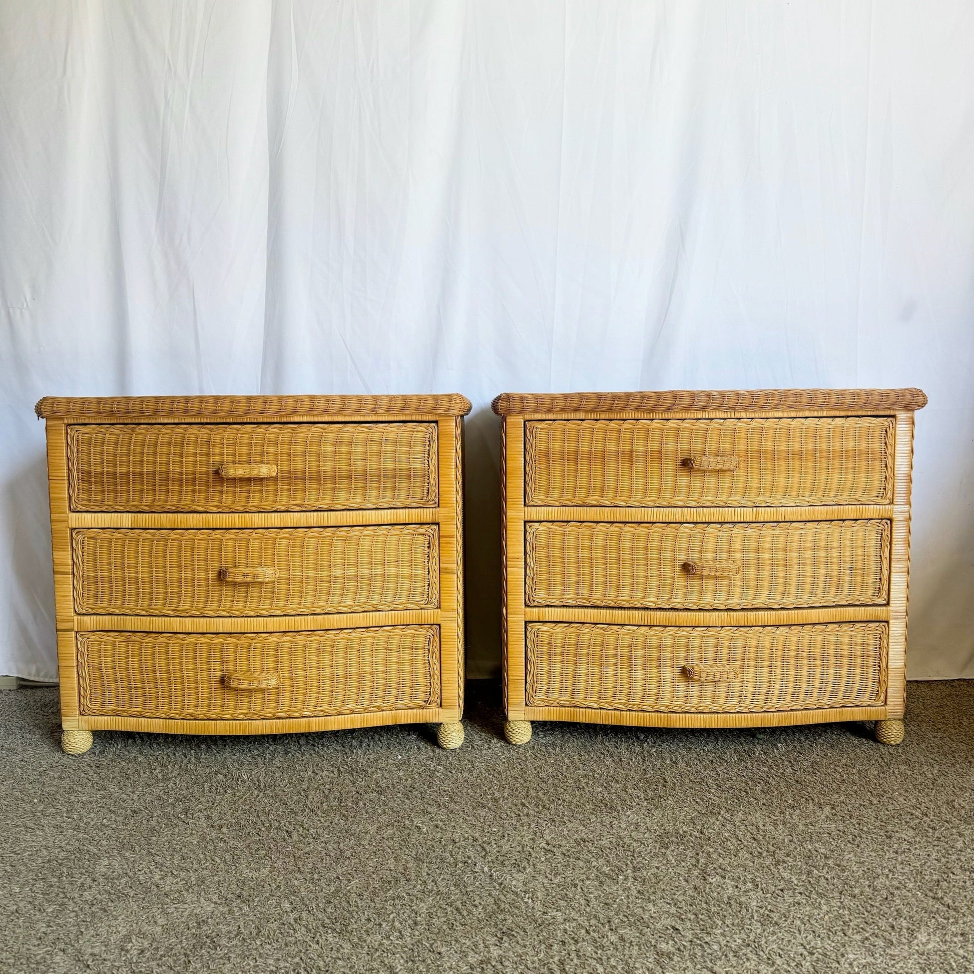 Boho Chic Woven Wicker Commodes/Chests of Drawers - A Pair - Dolphin & Flamingo