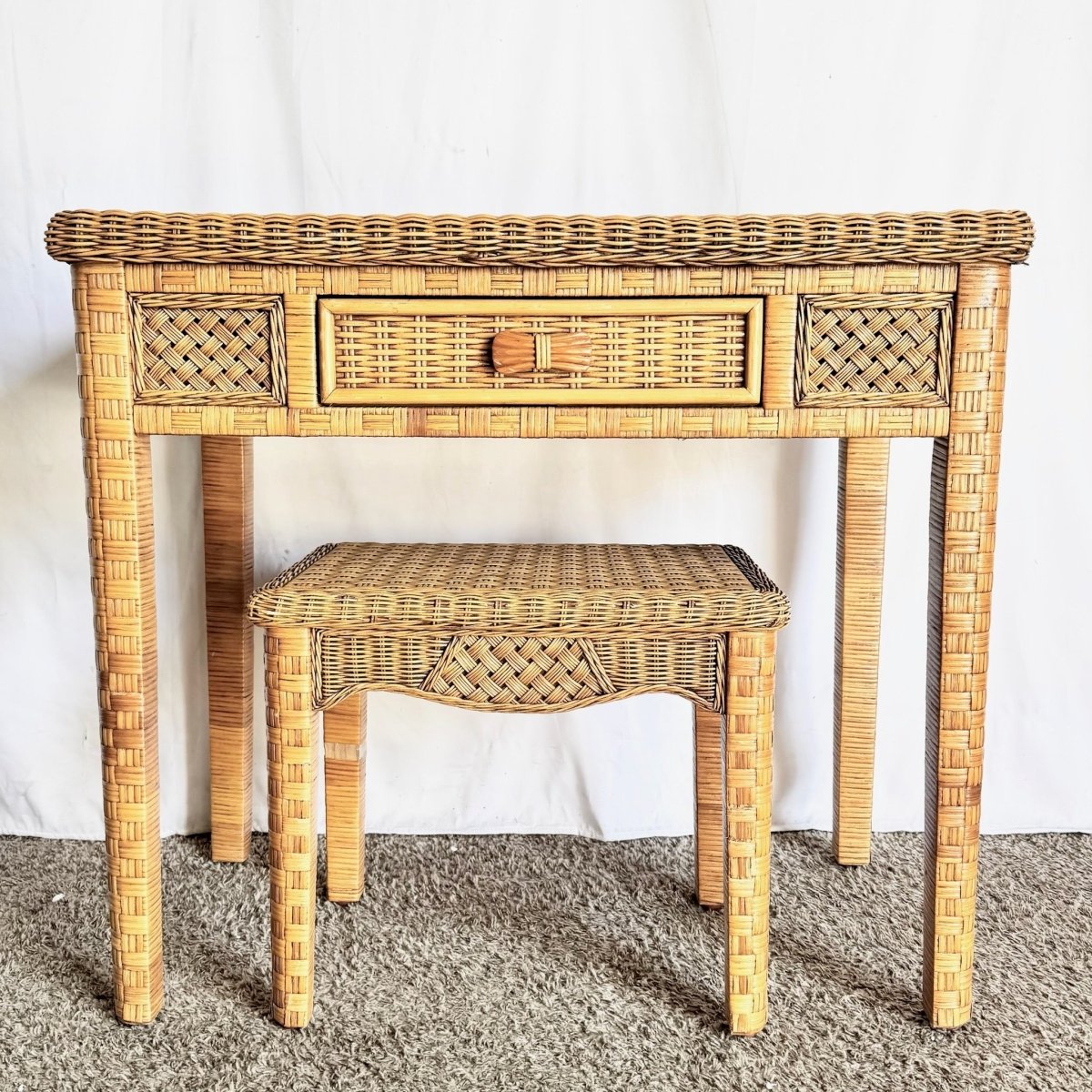 Boho Chic Woven Wicker Desk and Stool - 2 Pieces - Dolphin & Flamingo