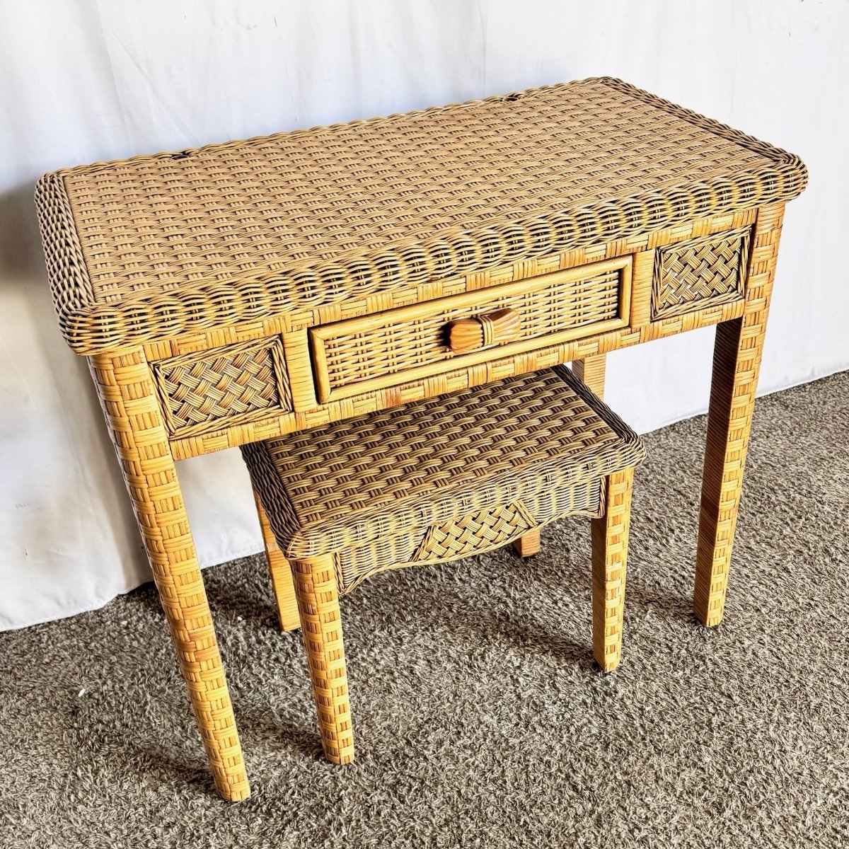 Boho Chic Woven Wicker Desk and Stool - 2 Pieces - Dolphin & Flamingo