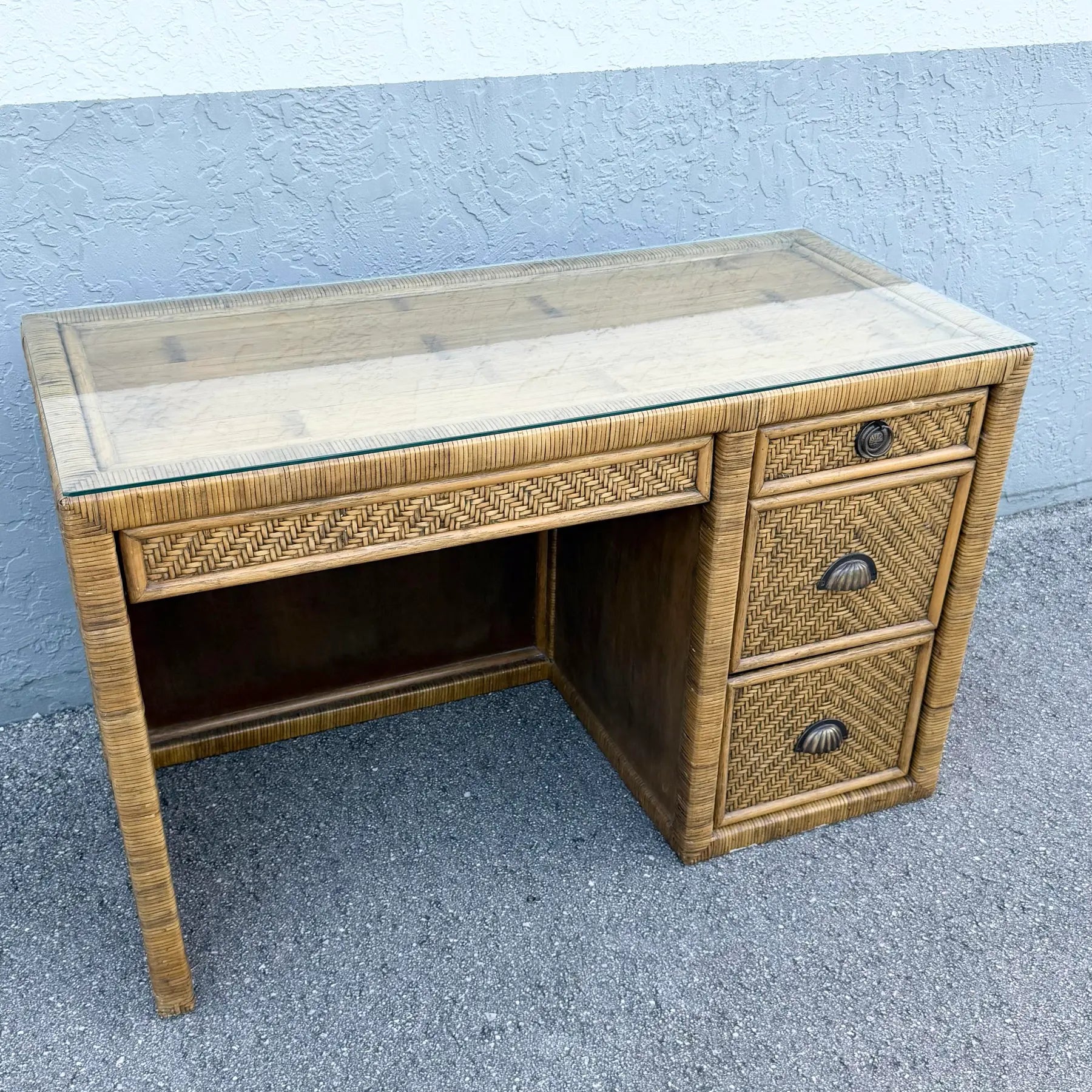 Boho Chic Woven Wicker Glass Top Writing Desk With Chair - 2 Pieces Dolphin & Flamingo