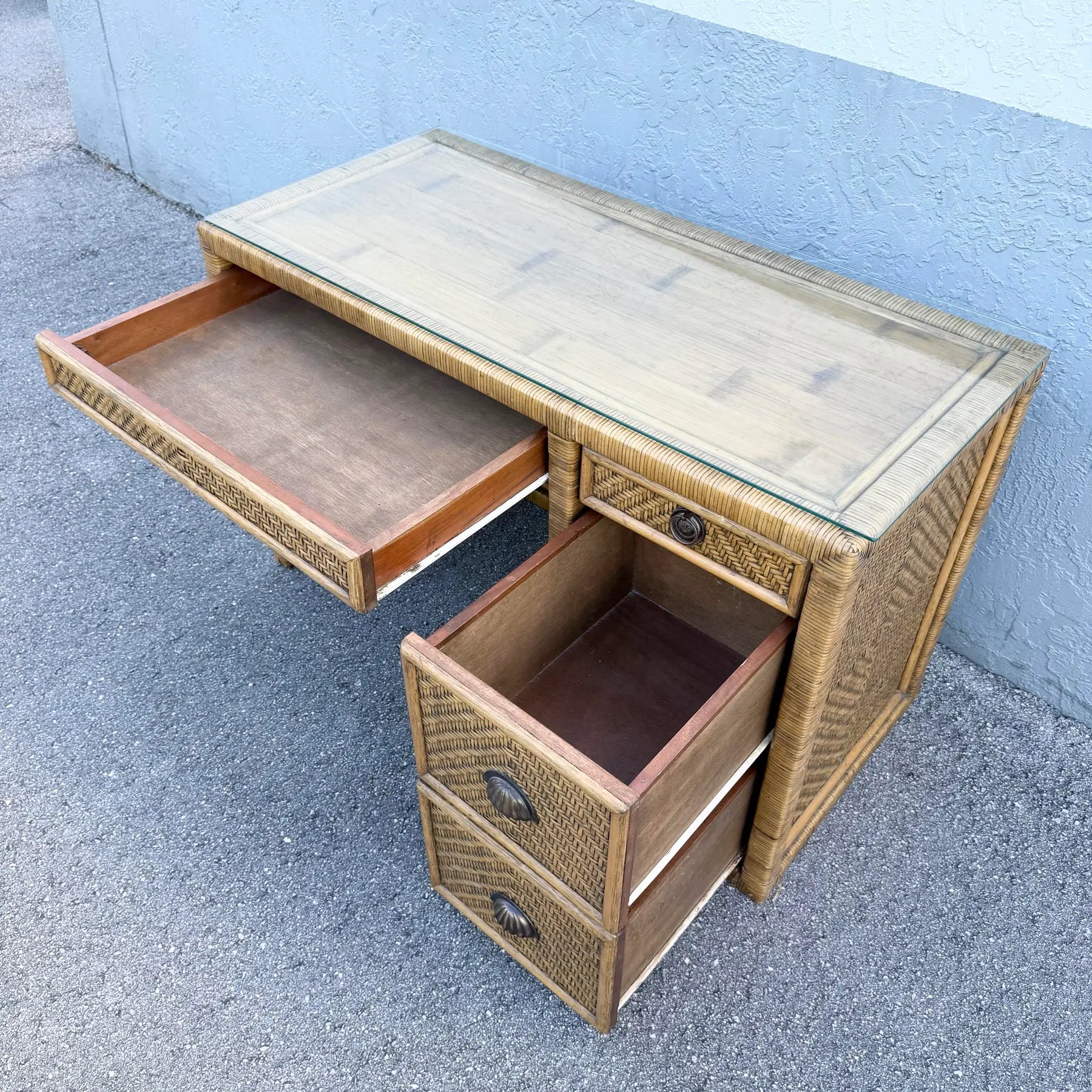 Boho Chic Woven Wicker Glass Top Writing Desk With Chair - 2 Pieces Dolphin & Flamingo