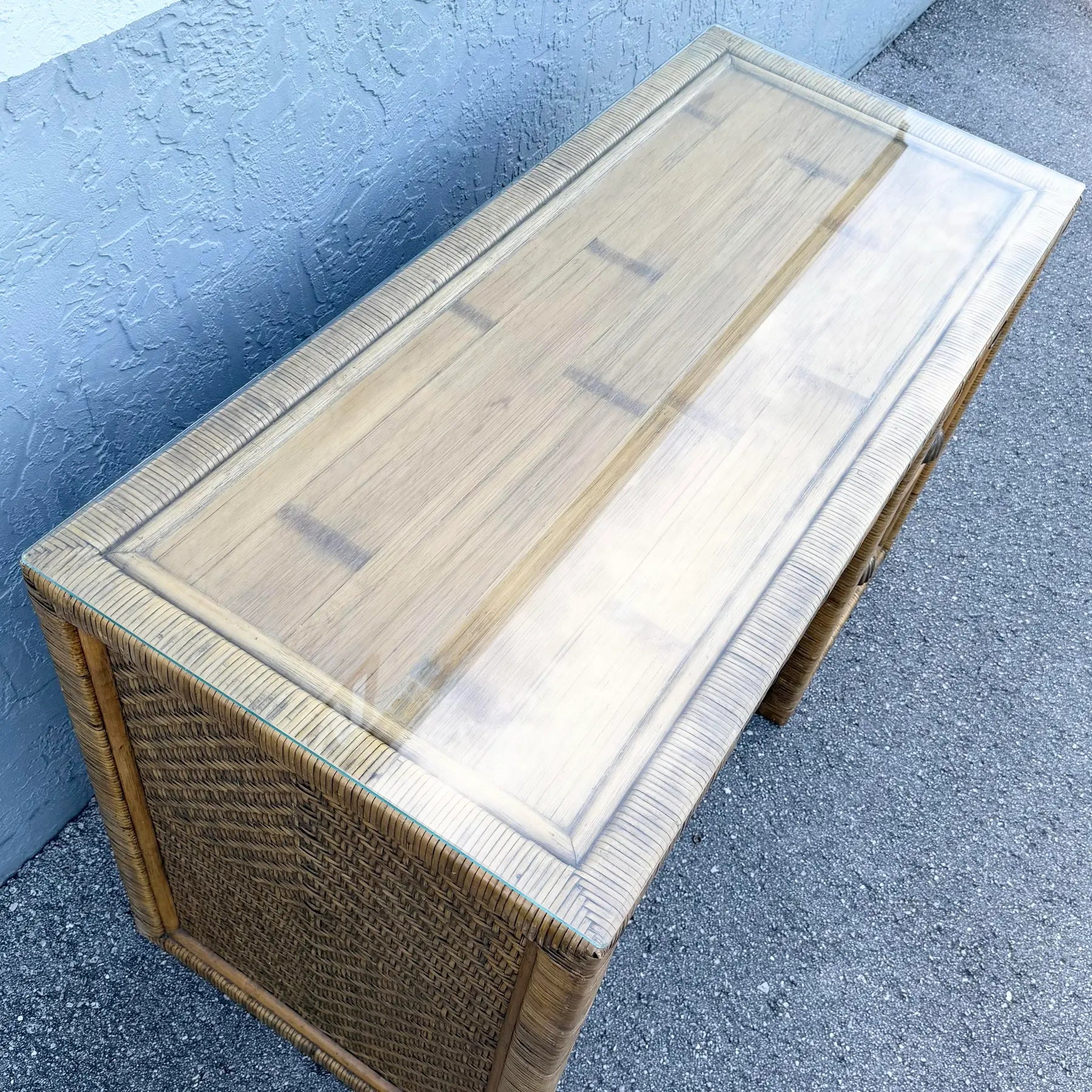 Boho Chic Woven Wicker Glass Top Writing Desk With Chair - 2 Pieces Dolphin & Flamingo