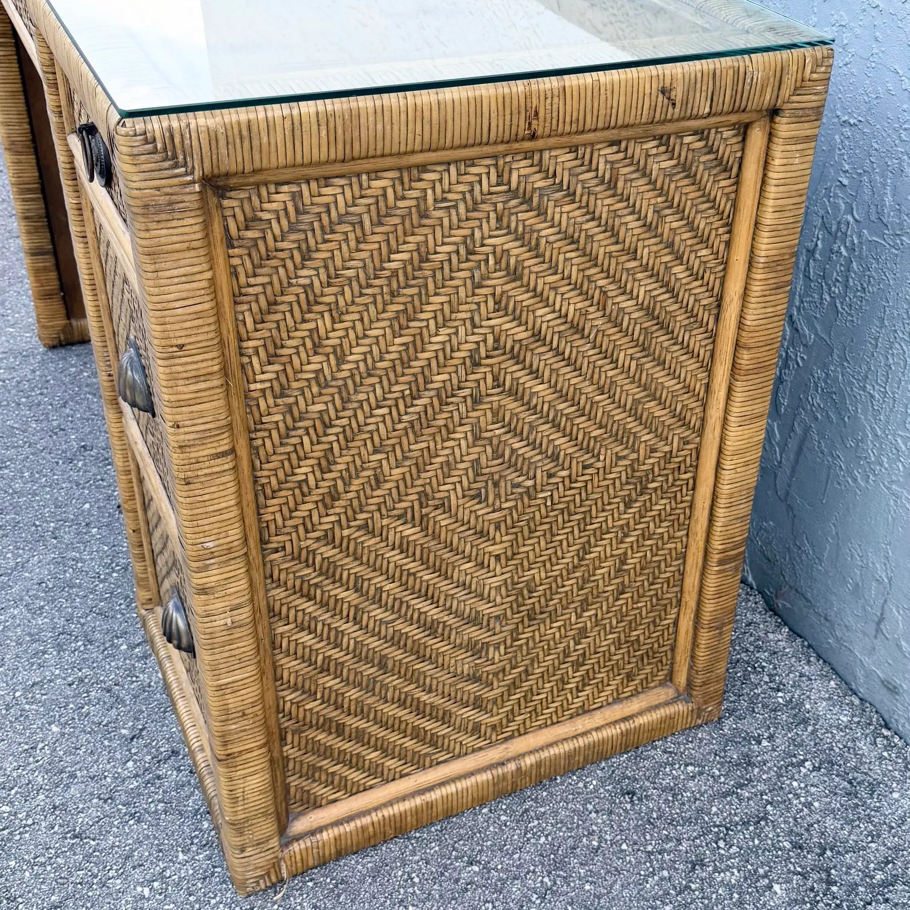 Boho Chic Woven Wicker Glass Top Writing Desk With Chair - 2 Pieces Dolphin & Flamingo