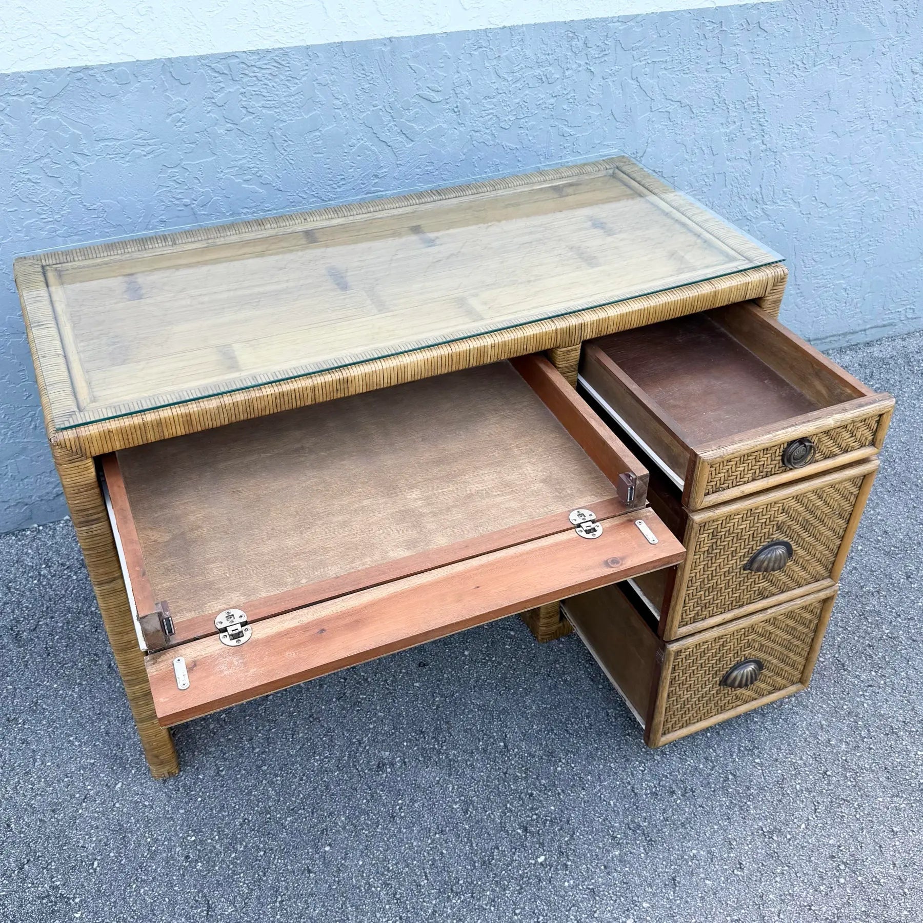 Boho Chic Woven Wicker Glass Top Writing Desk With Chair - 2 Pieces Dolphin & Flamingo