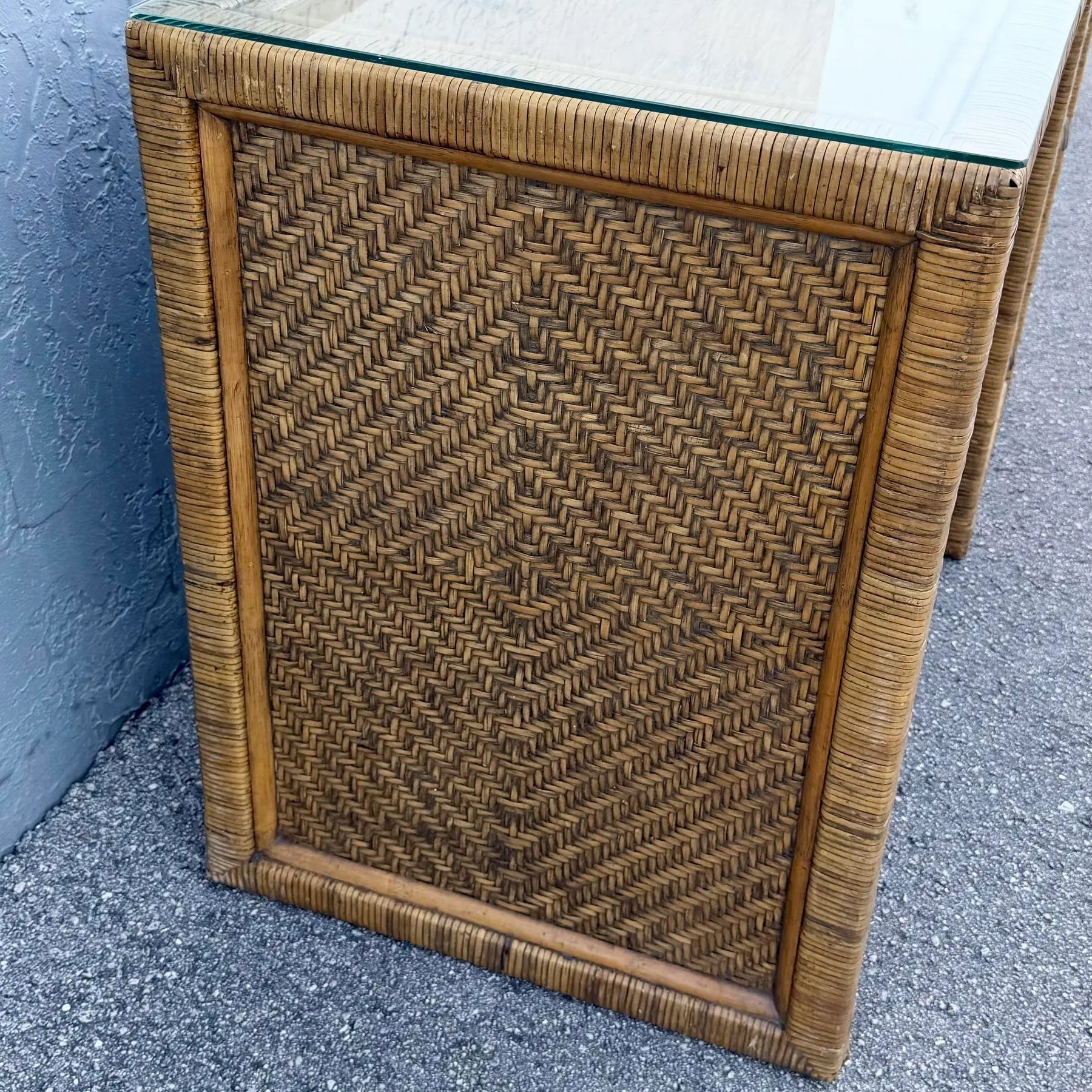 Boho Chic Woven Wicker Glass Top Writing Desk With Chair - 2 Pieces Dolphin & Flamingo