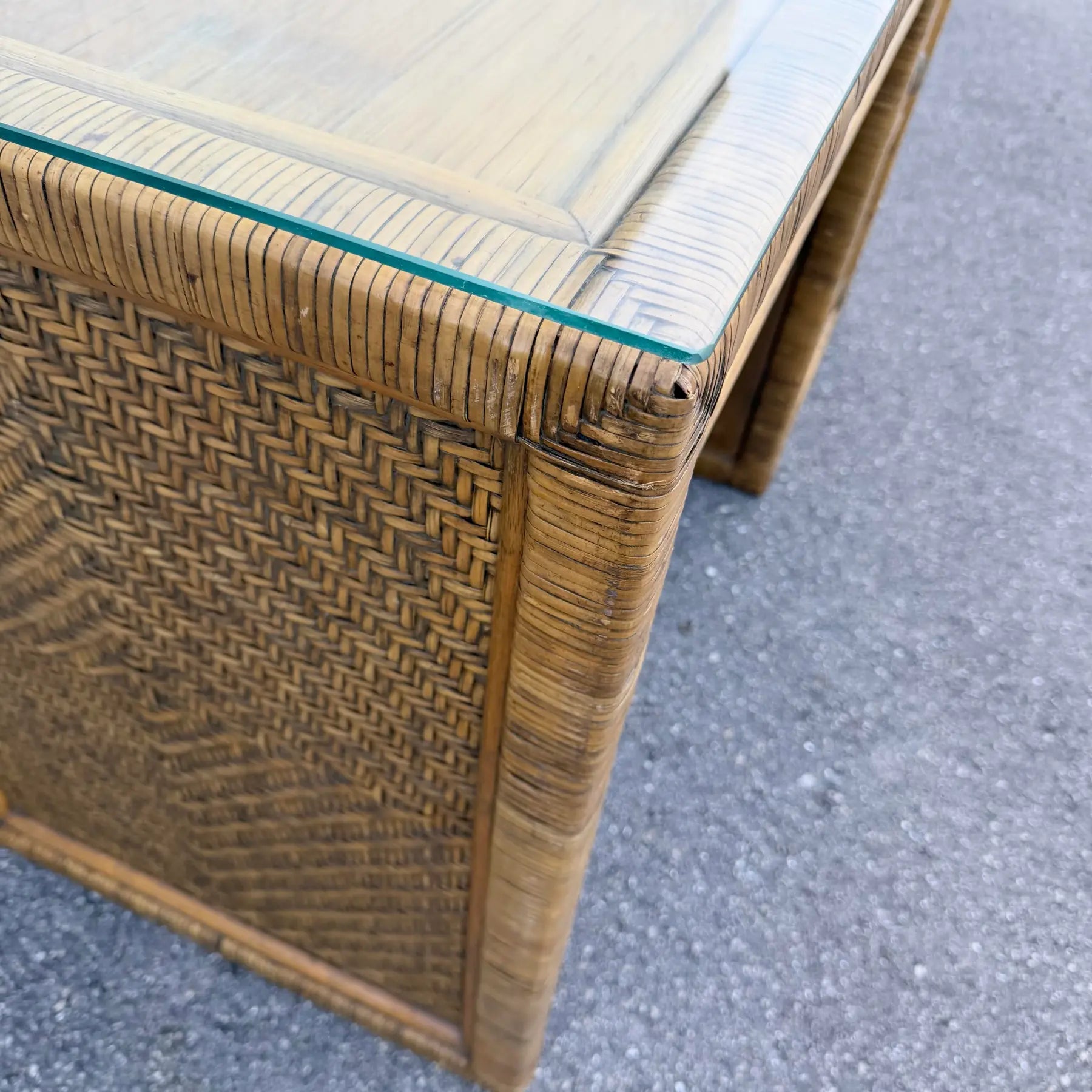 Boho Chic Woven Wicker Glass Top Writing Desk With Chair - 2 Pieces Dolphin & Flamingo