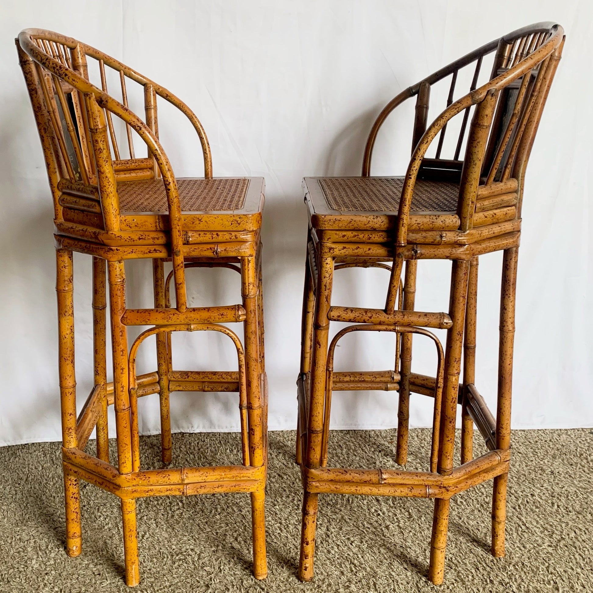Boho Chinoiserie Bamboo Cane Hand Painted Stools - A Pair - Dolphin & Flamingo