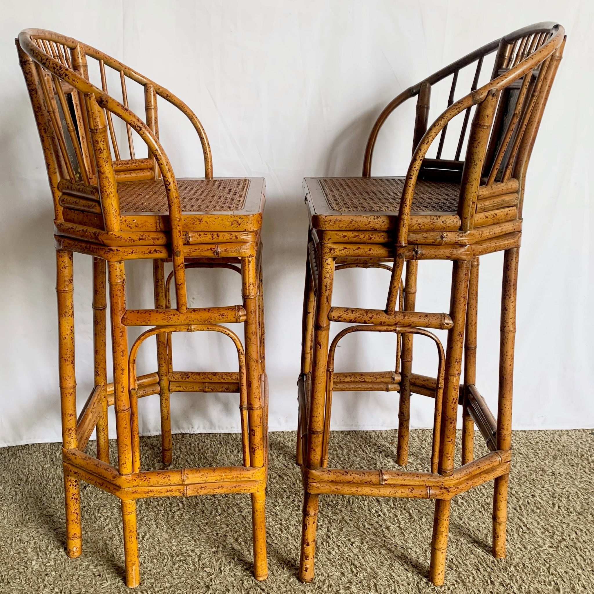 Boho Chinoiserie Bamboo Cane Hand Painted Stools - A Pair - Dolphin & Flamingo