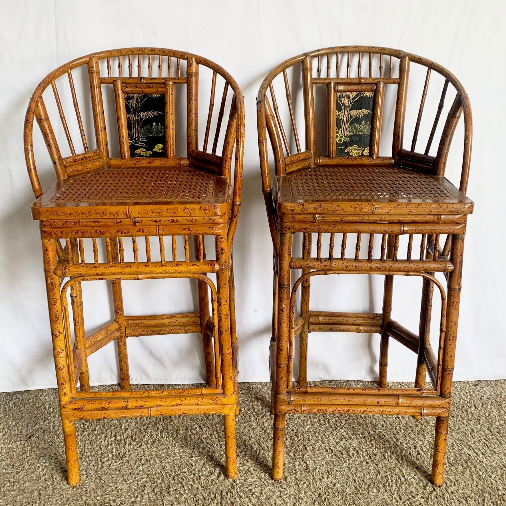 Boho Chinoiserie Bamboo Cane Hand Painted Stools - A Pair - Dolphin & Flamingo