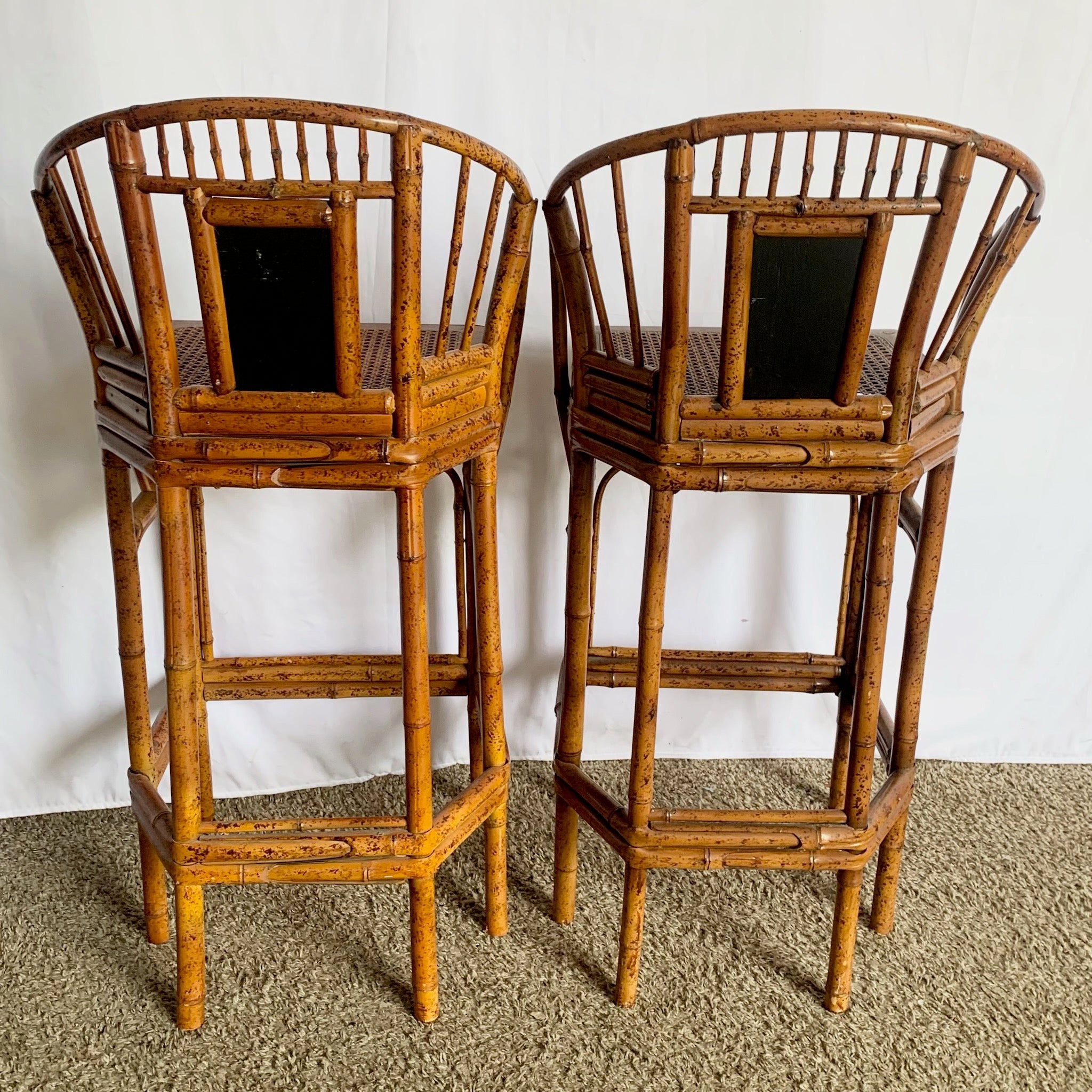 Boho Chinoiserie Bamboo Cane Hand Painted Stools - A Pair - Dolphin & Flamingo
