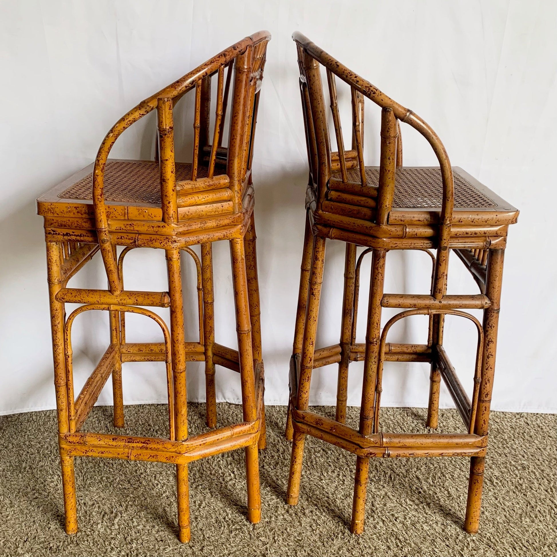 Boho Chinoiserie Bamboo Cane Hand Painted Stools - A Pair - Dolphin & Flamingo