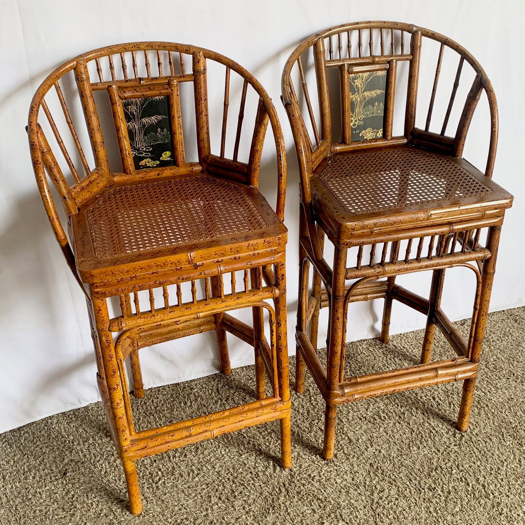 Boho Chinoiserie Bamboo Cane Hand Painted Stools - A Pair - Dolphin & Flamingo