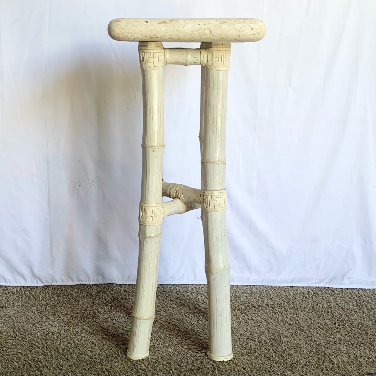 Boho Coastal Beige Bamboo Stone Top Pedestal/Side Table - Dolphin & Flamingo