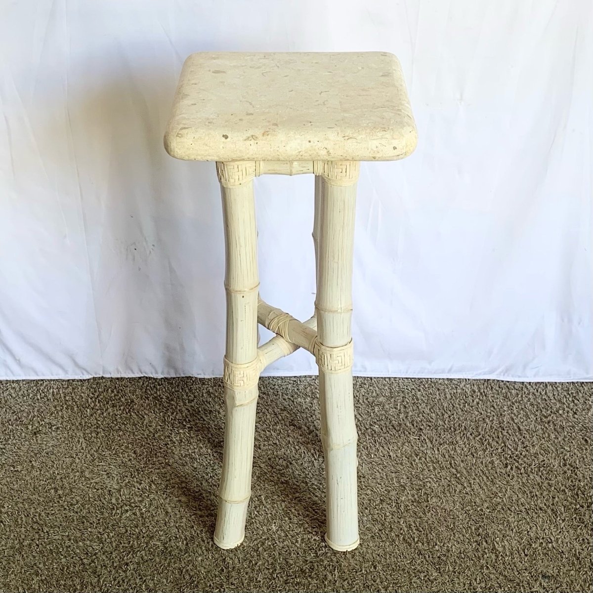 Boho Coastal Beige Bamboo Stone Top Pedestal/Side Table - Dolphin & Flamingo