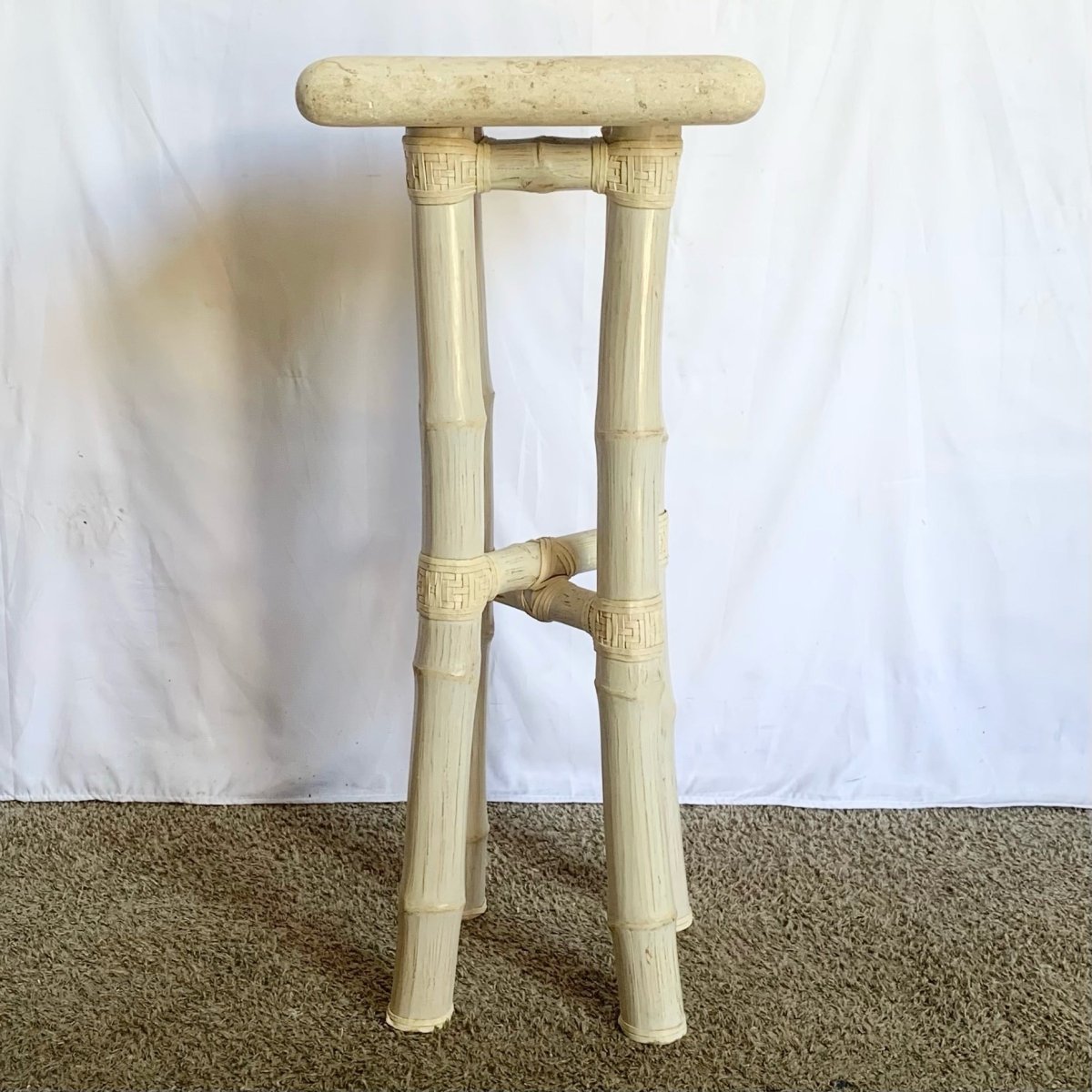 Boho Coastal Beige Bamboo Stone Top Pedestal/Side Table - Dolphin & Flamingo