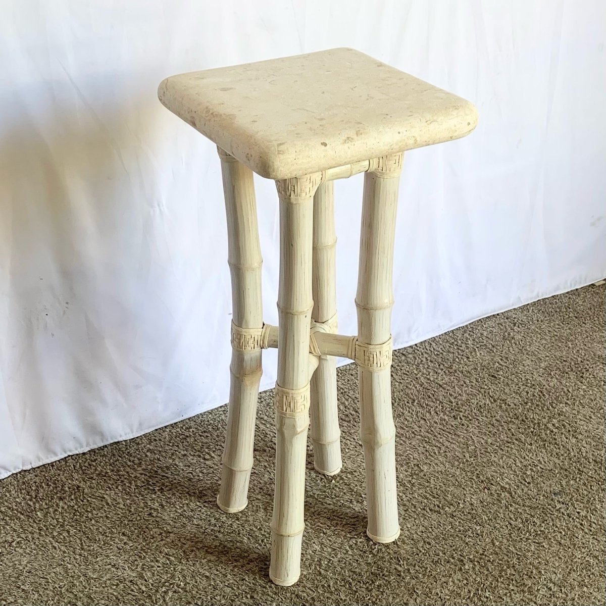 Boho Coastal Beige Bamboo Stone Top Pedestal/Side Table - Dolphin & Flamingo