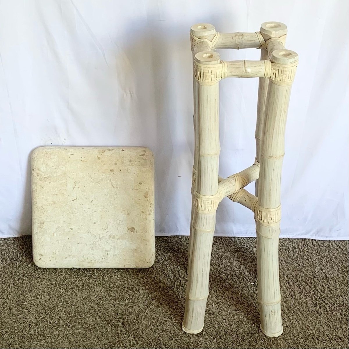 Boho Coastal Beige Bamboo Stone Top Pedestal/Side Table - Dolphin & Flamingo