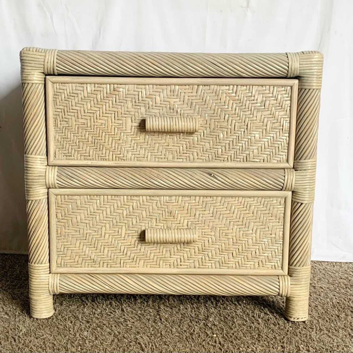 Boho Coastal Beige Twisted Pencil Reed Wicker Nightstand - Dolphin & Flamingo