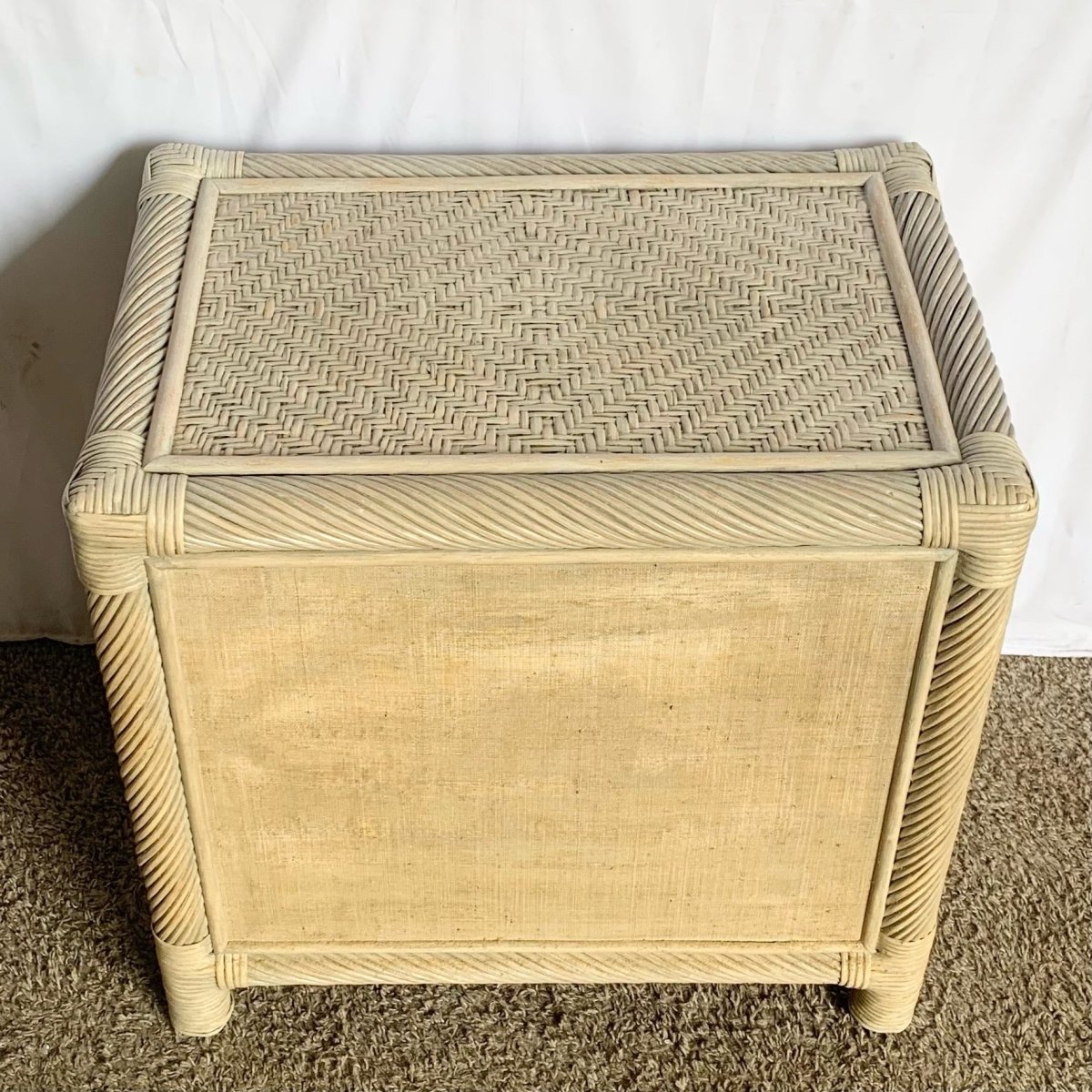 Boho Coastal Beige Twisted Pencil Reed Wicker Nightstand - Dolphin & Flamingo