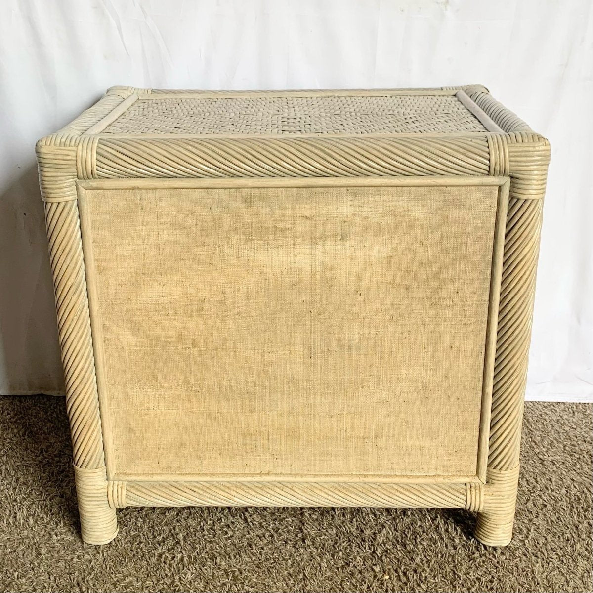 Boho Coastal Beige Twisted Pencil Reed Wicker Nightstand - Dolphin & Flamingo