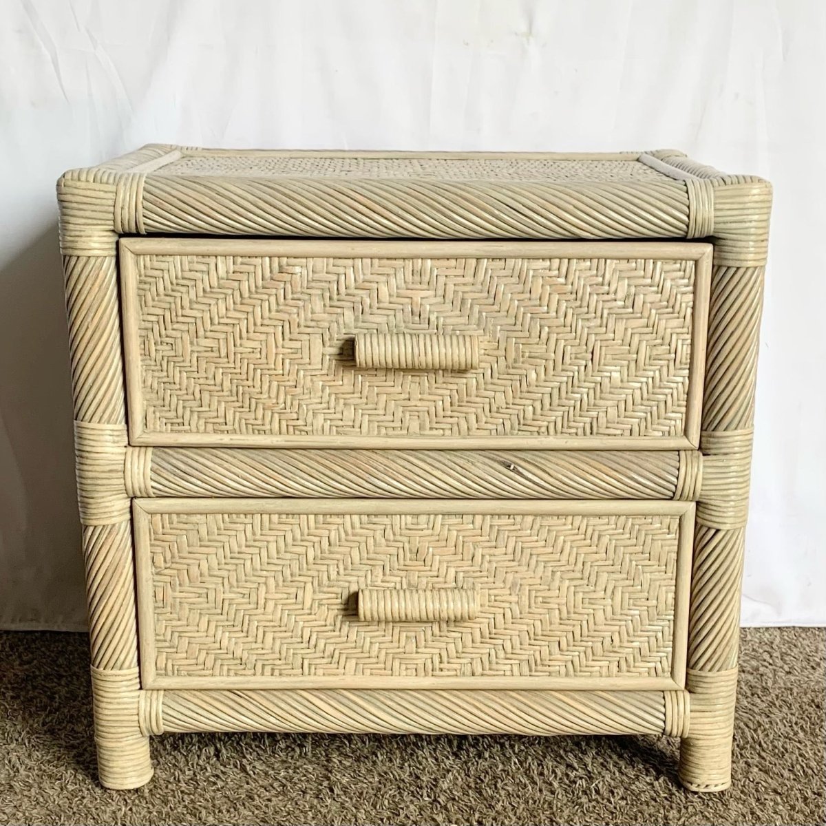 Boho Coastal Beige Twisted Pencil Reed Wicker Nightstand - Dolphin & Flamingo