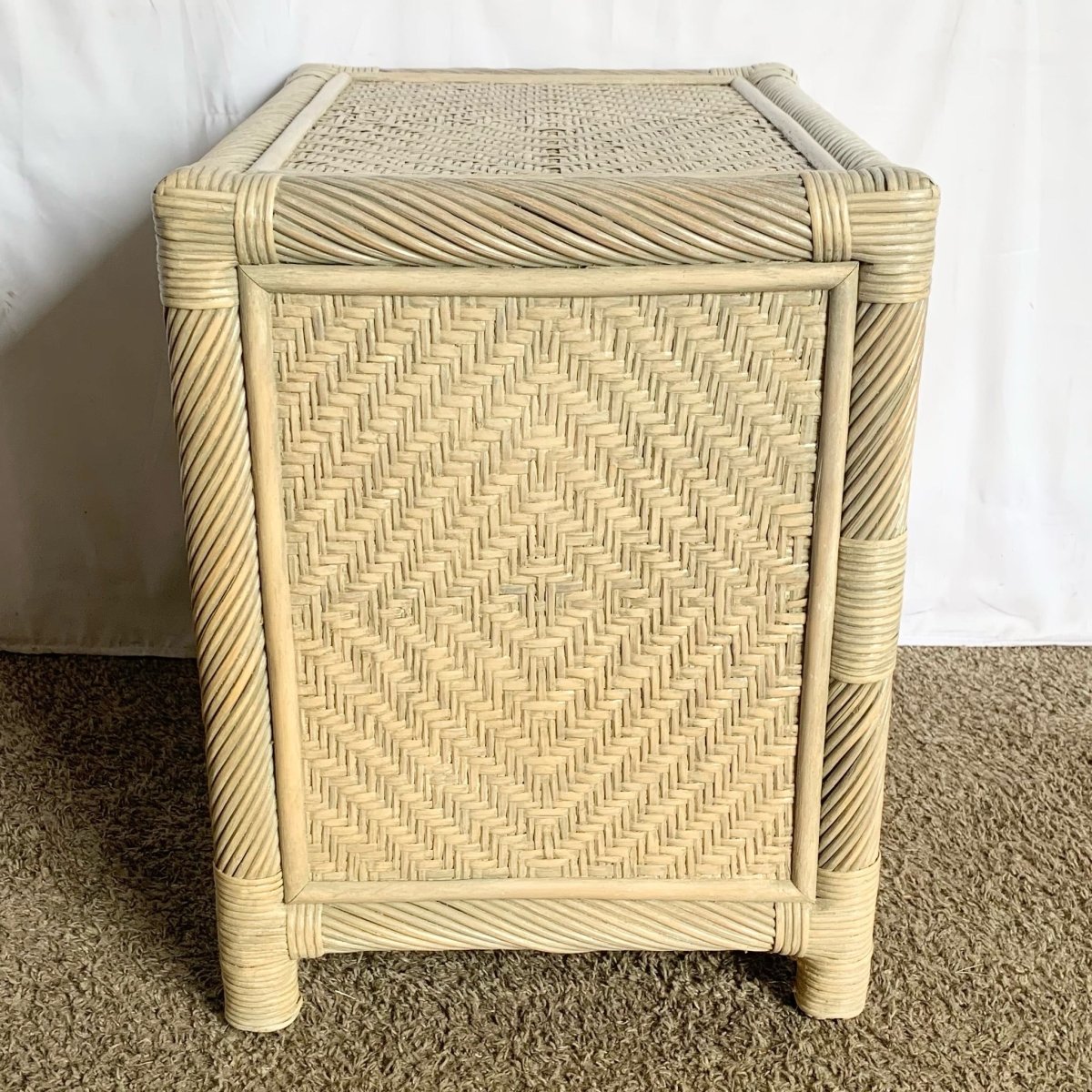 Boho Coastal Beige Twisted Pencil Reed Wicker Nightstand - Dolphin & Flamingo