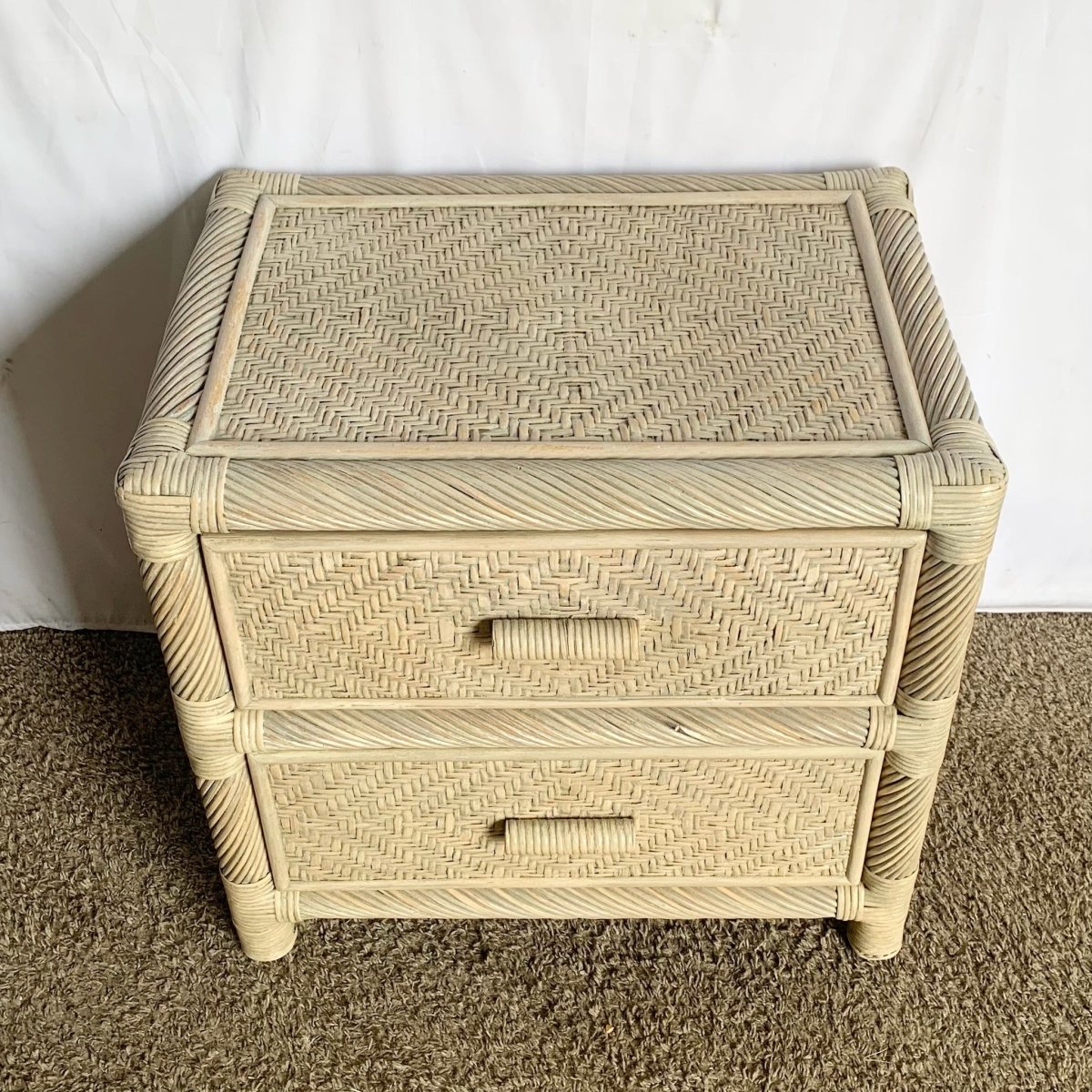 Boho Coastal Beige Twisted Pencil Reed Wicker Nightstand - Dolphin & Flamingo