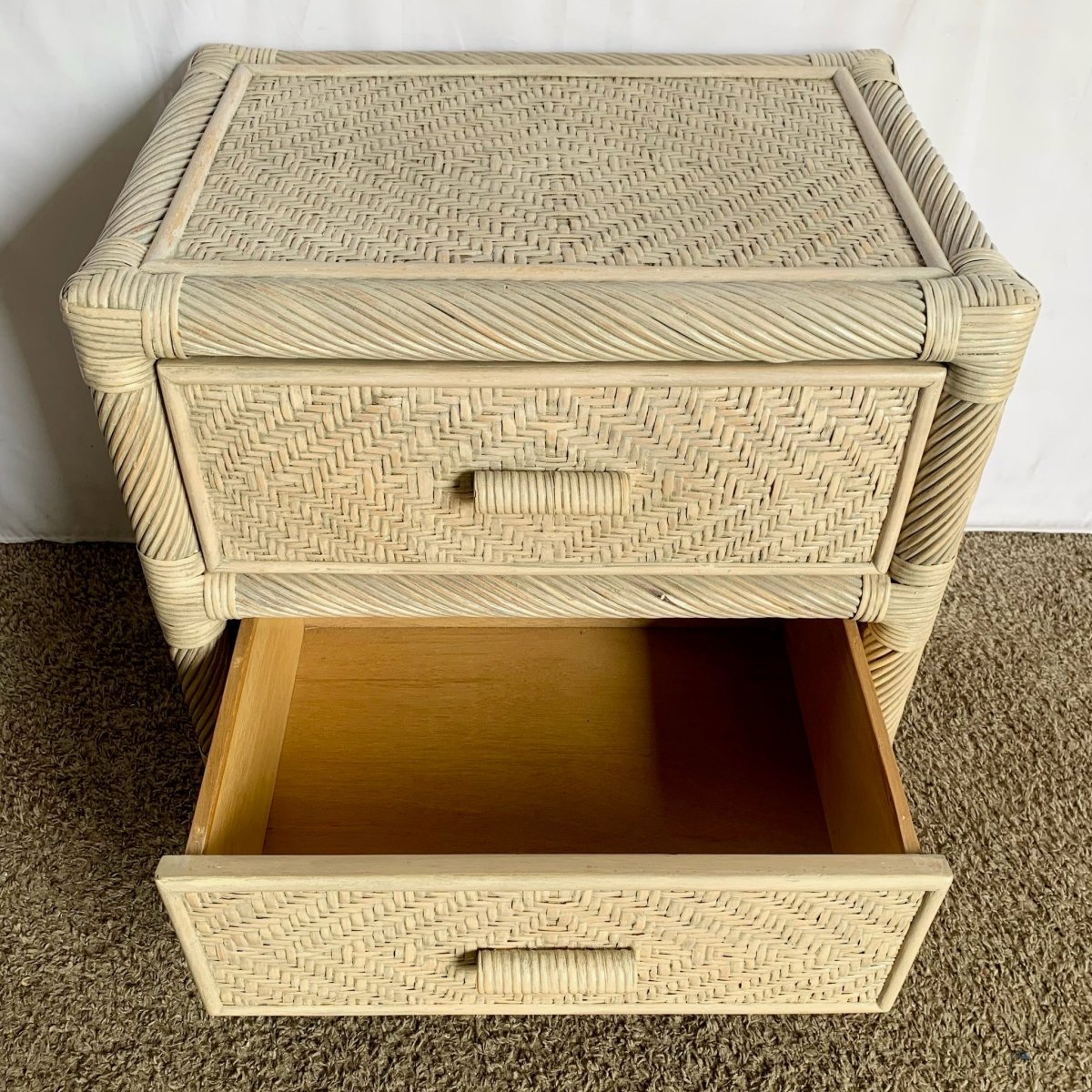Boho Coastal Beige Twisted Pencil Reed Wicker Nightstand - Dolphin & Flamingo