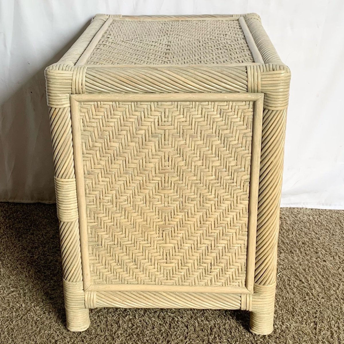 Boho Coastal Beige Twisted Pencil Reed Wicker Nightstand - Dolphin & Flamingo