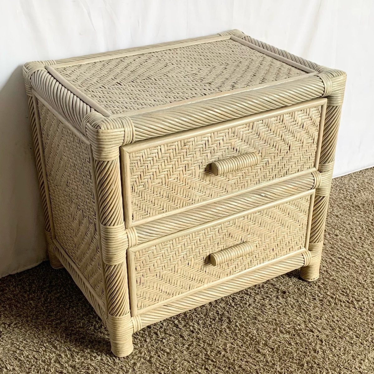Boho Coastal Beige Twisted Pencil Reed Wicker Nightstand - Dolphin & Flamingo