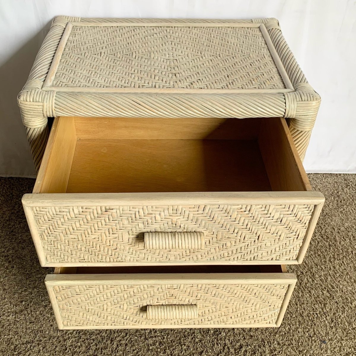 Boho Coastal Beige Twisted Pencil Reed Wicker Nightstand - Dolphin & Flamingo