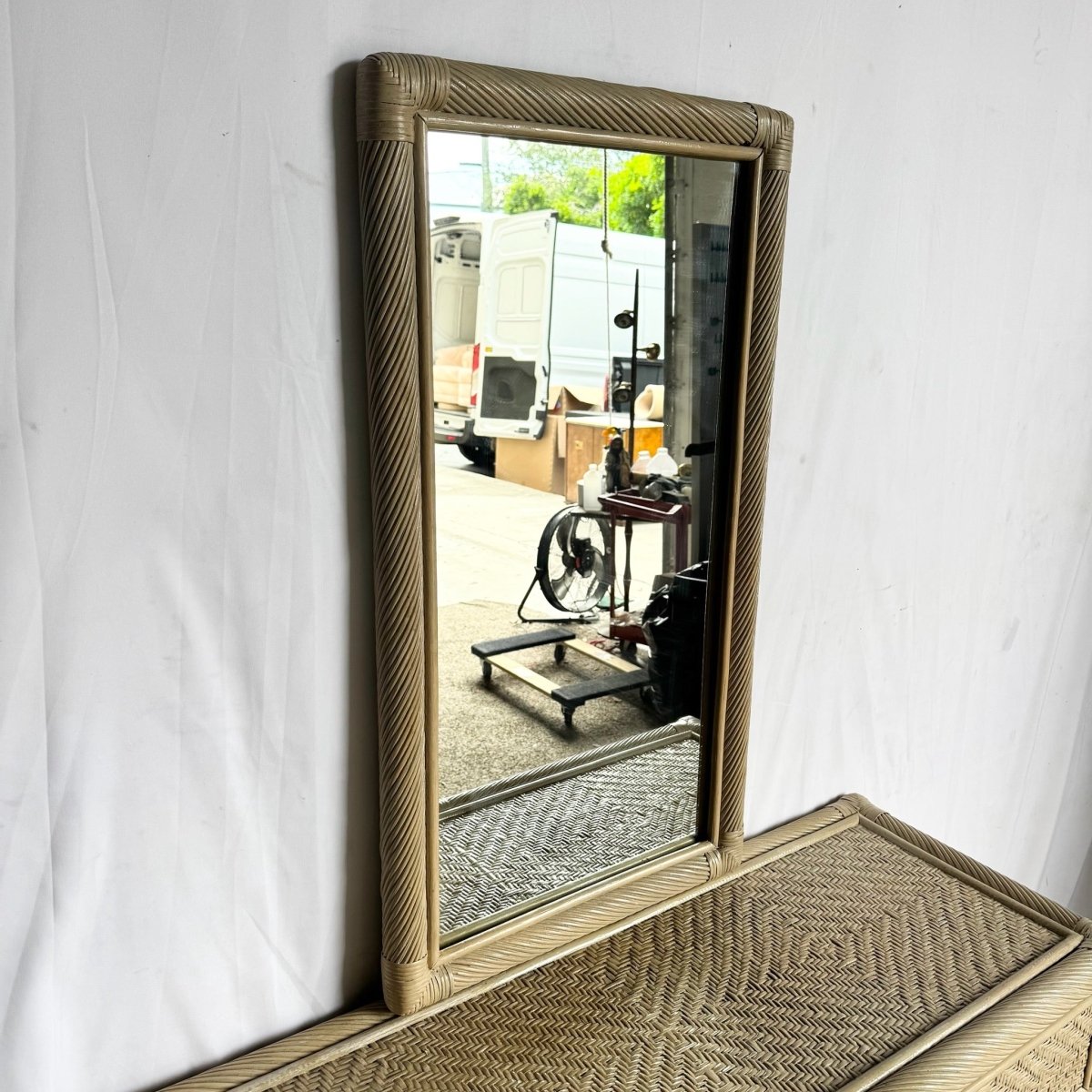 Boho Coastal Beige Wicker and Twisted Pencil Reed Dresser With Mirror - 2 Pieces - Dolphin & Flamingo