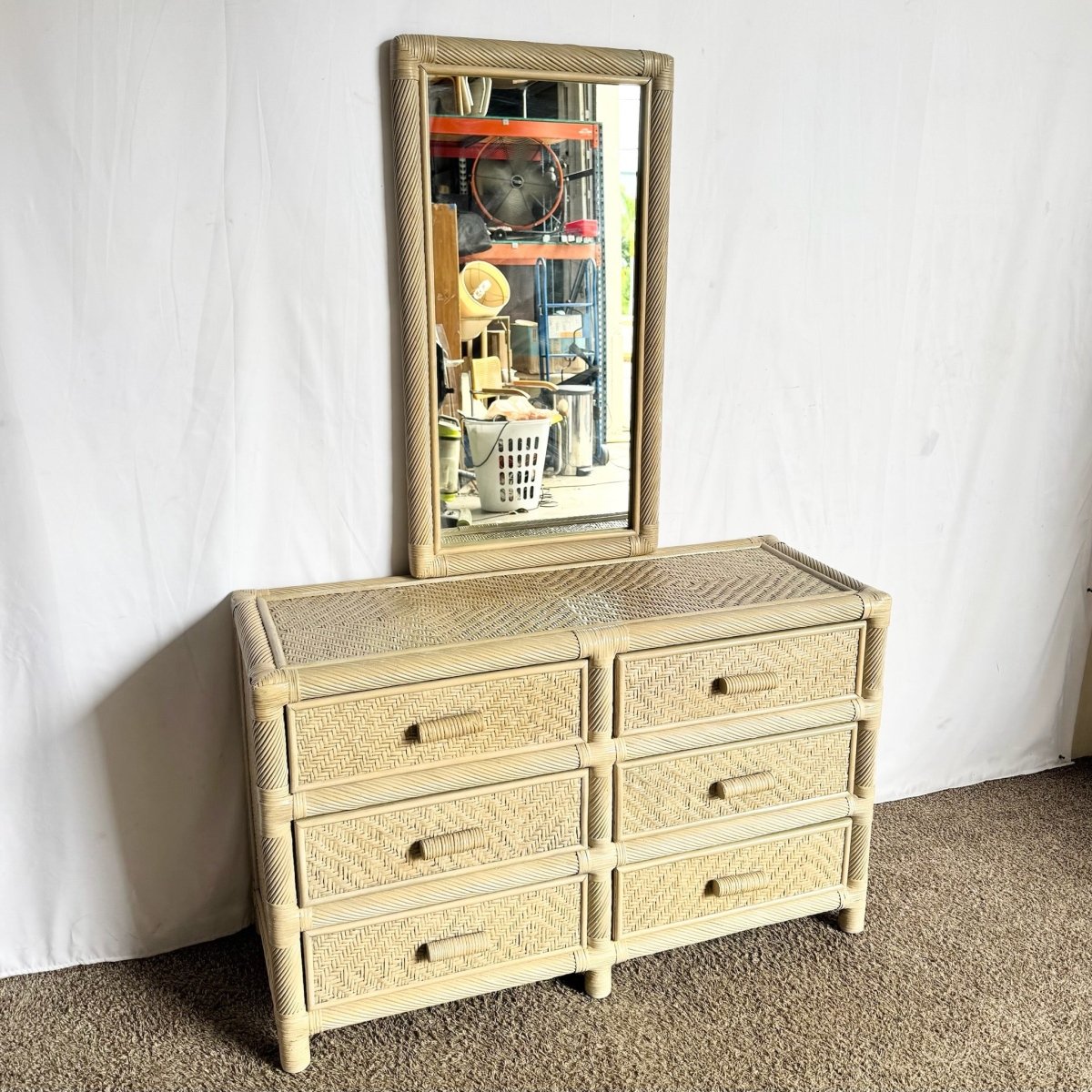 Boho Coastal Beige Wicker and Twisted Pencil Reed Dresser With Mirror - 2 Pieces - Dolphin & Flamingo