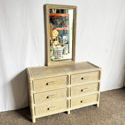 Boho Coastal Beige Wicker and Twisted Pencil Reed Dresser With Mirror - 2 Pieces - Dolphin & Flamingo