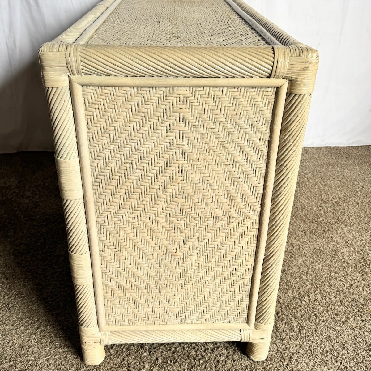 Boho Coastal Beige Wicker and Twisted Pencil Reed Dresser With Mirror - 2 Pieces - Dolphin & Flamingo