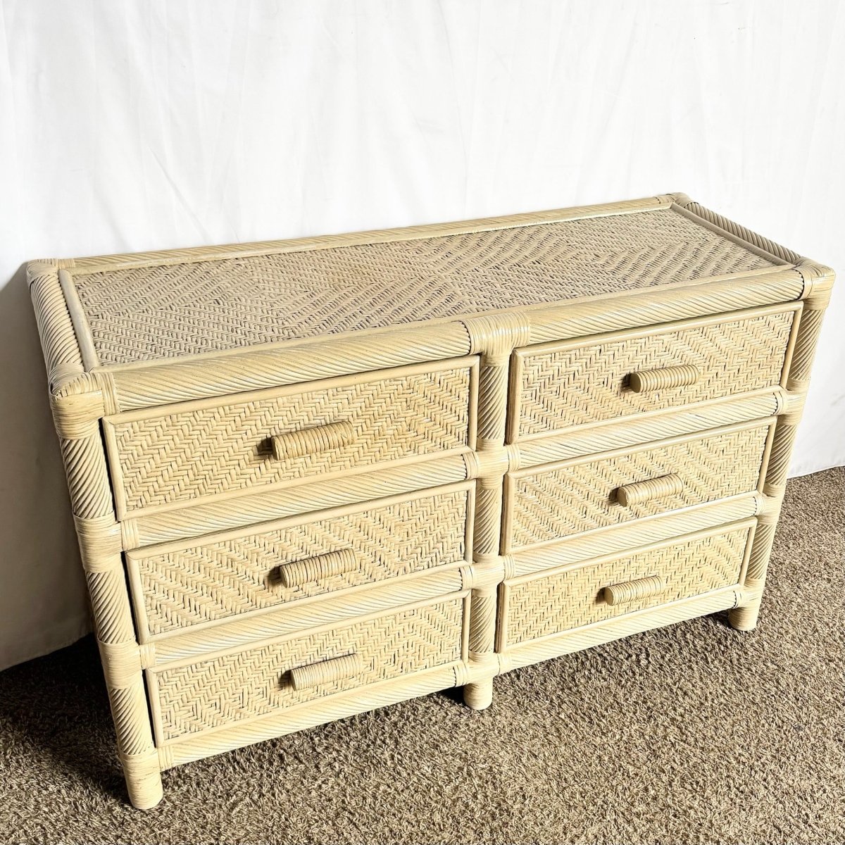 Boho Coastal Beige Wicker and Twisted Pencil Reed Dresser With Mirror - 2 Pieces - Dolphin & Flamingo