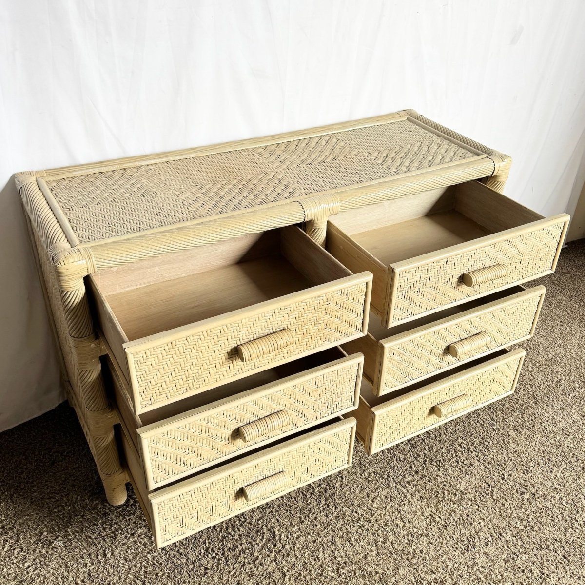 Boho Coastal Beige Wicker and Twisted Pencil Reed Dresser With Mirror - 2 Pieces - Dolphin & Flamingo