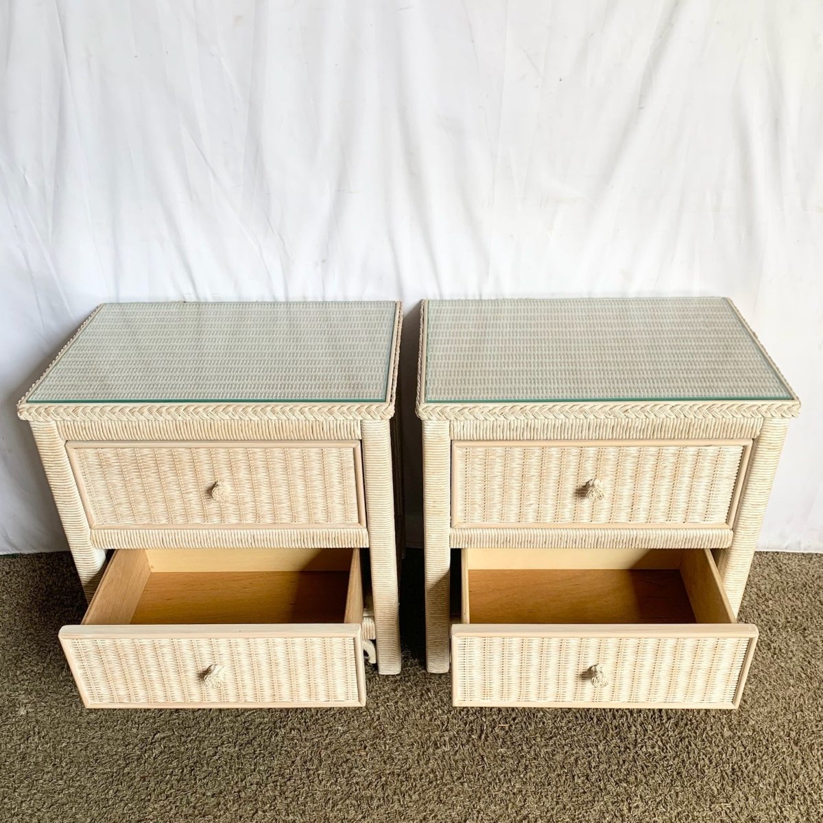 Boho Coastal White Wash Henry Link Wicker Nighstands by Lexington - A Pair - Dolphin & Flamingo